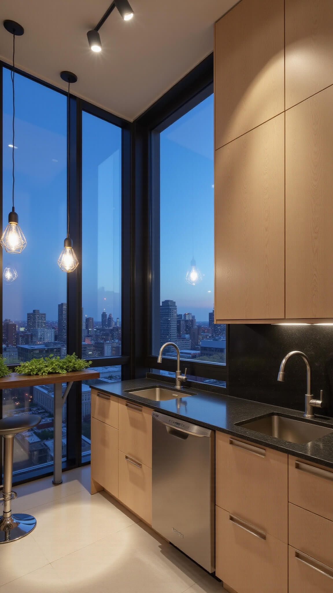 Modern 10x12ft urban kitchen with light oak cabinets, charcoal quartz countertops, black backsplash, and city skyline view at dusk through floor-to-ceiling windows.