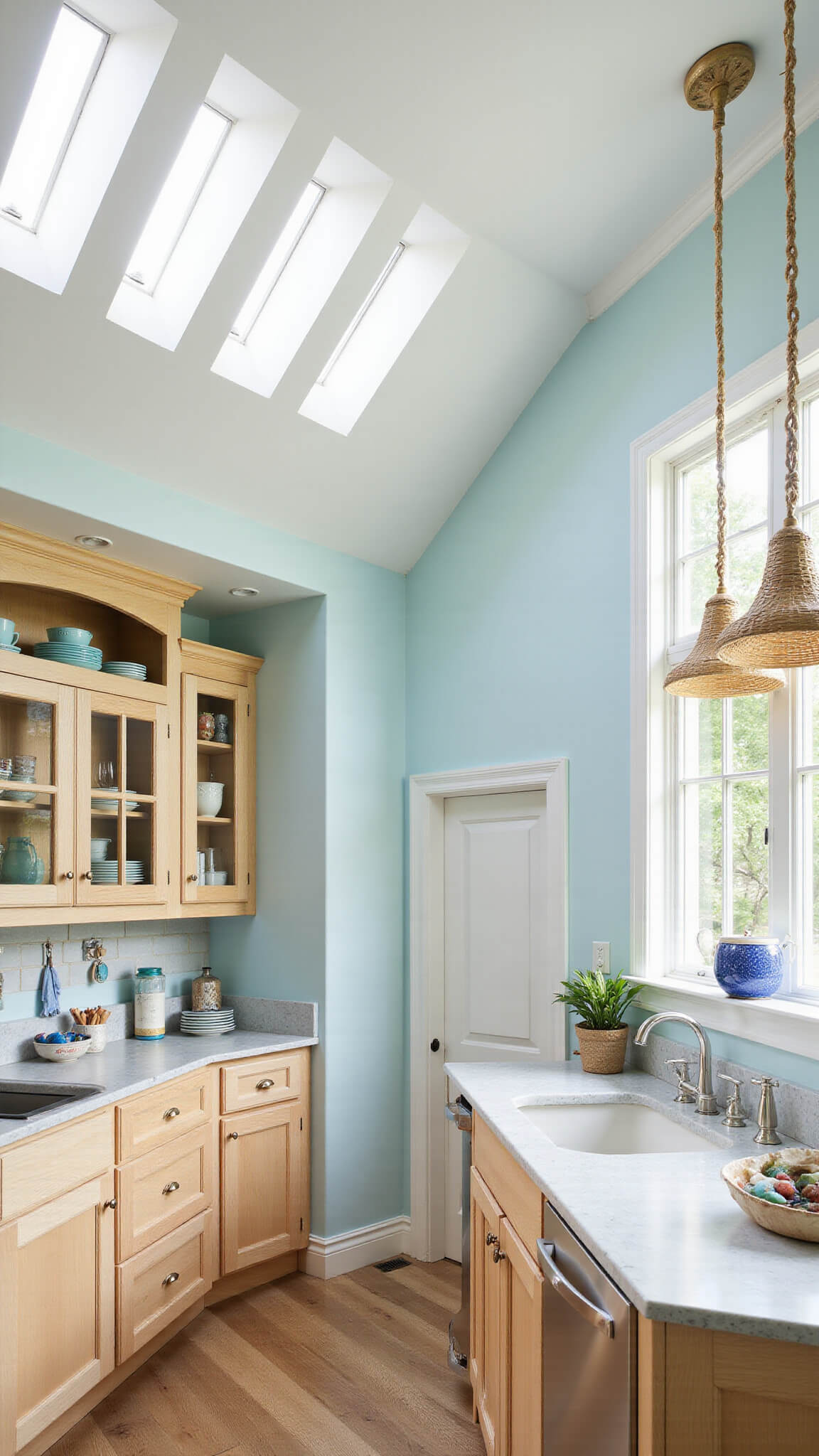 Coastal-inspired kitchen with light oak cabinets, central quartz island, tray ceiling, skylights, and beach-themed decor.