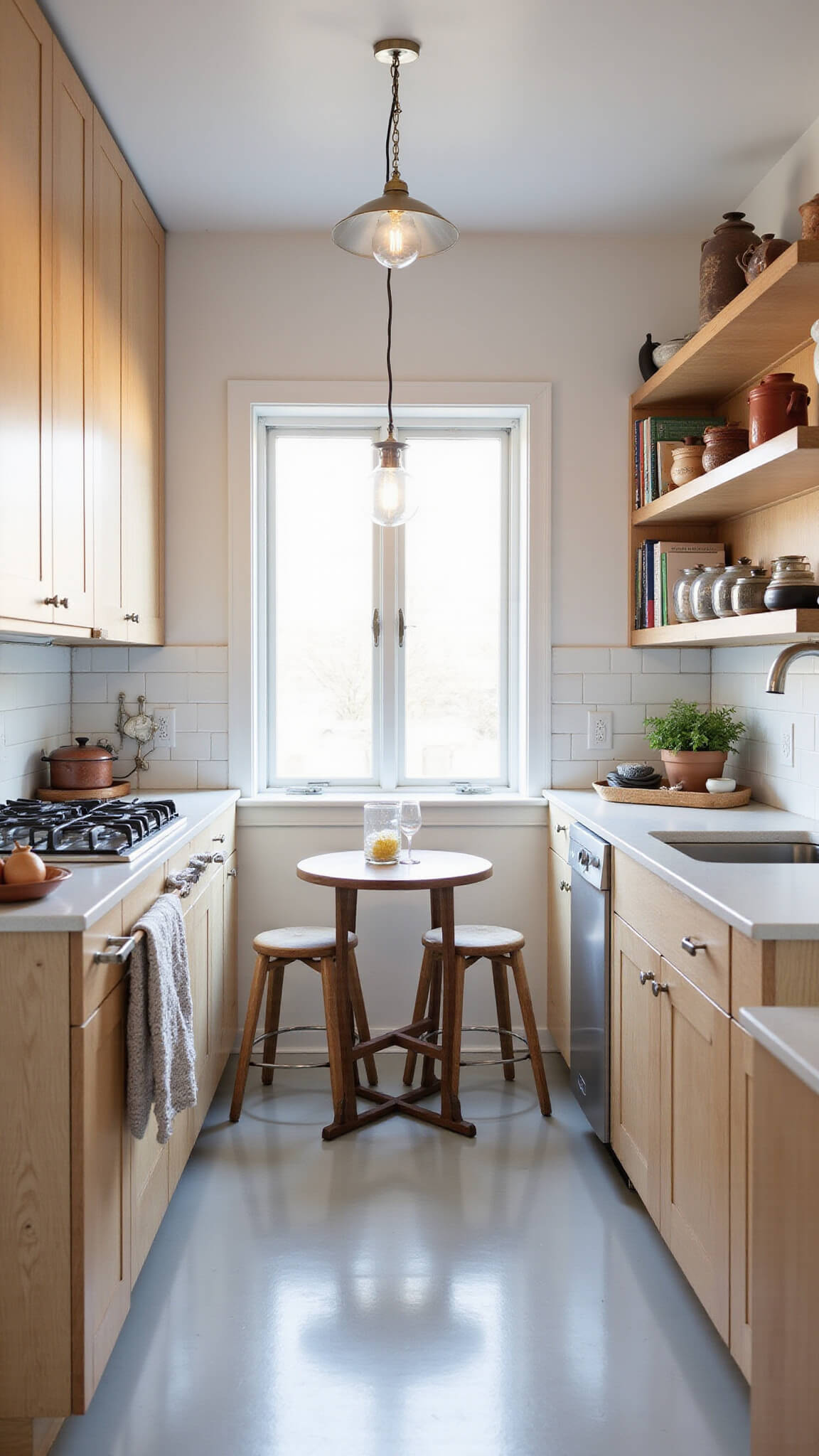 Cozy 8x10ft galley kitchen with light oak cabinets, white countertops, copper accents, and soft evening light filtering through a window above the sink.
