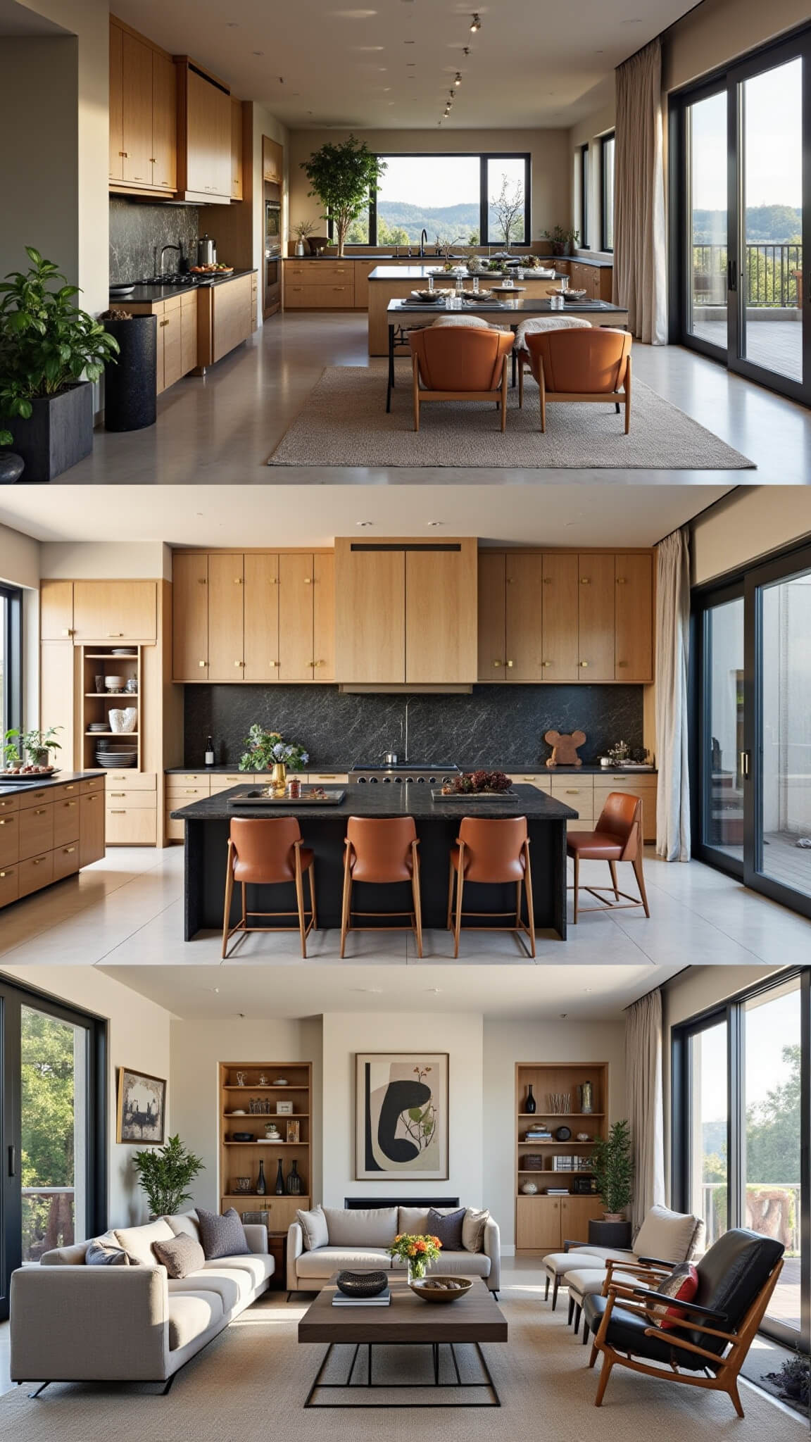 High-angle view of a spacious 20x25ft open-concept kitchen and living area with 14ft ceilings, floor-to-ceiling windows, light oak cabinetry, a dark veined marble island, mid-century modern furniture, and dramatic mid-morning lighting.
