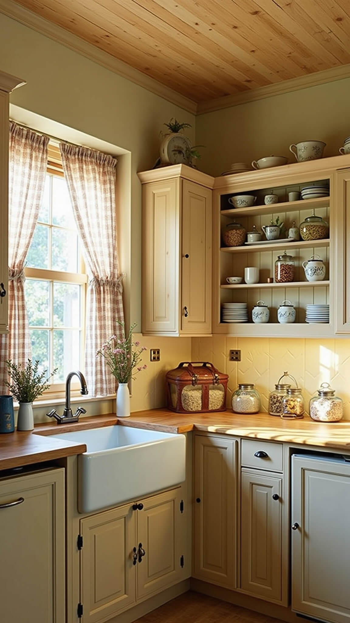 Country kitchen with light oak cabinets, farmhouse sink, butcher block countertops, and gingham-curtained window; vintage crockery and enamel cookware add rustic charm; breakfast nook with floral cushions visible in background.