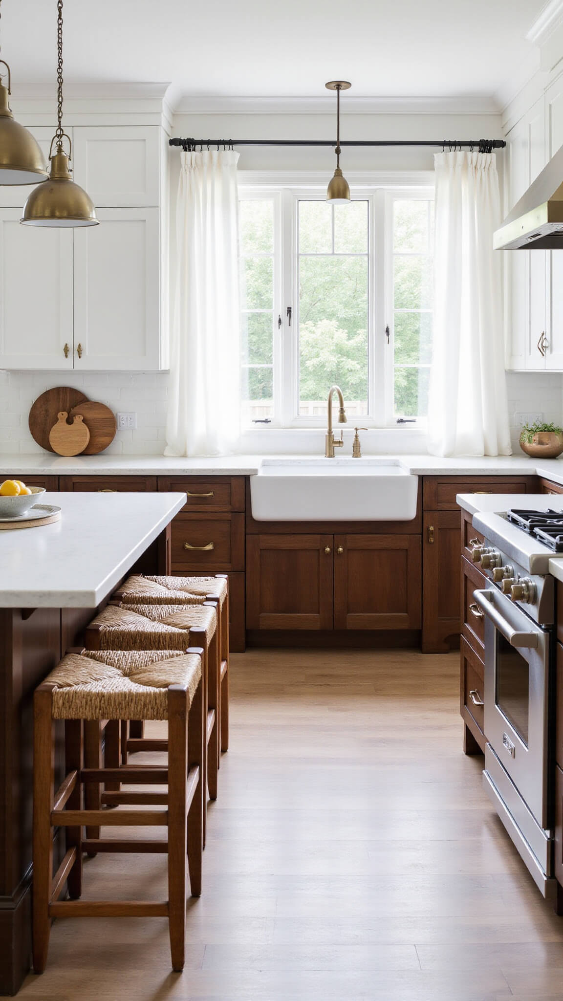 Bright, airy kitchen with white and walnut cabinets, quartz island, rattan stools, and morning sunlight pouring through large windows.
