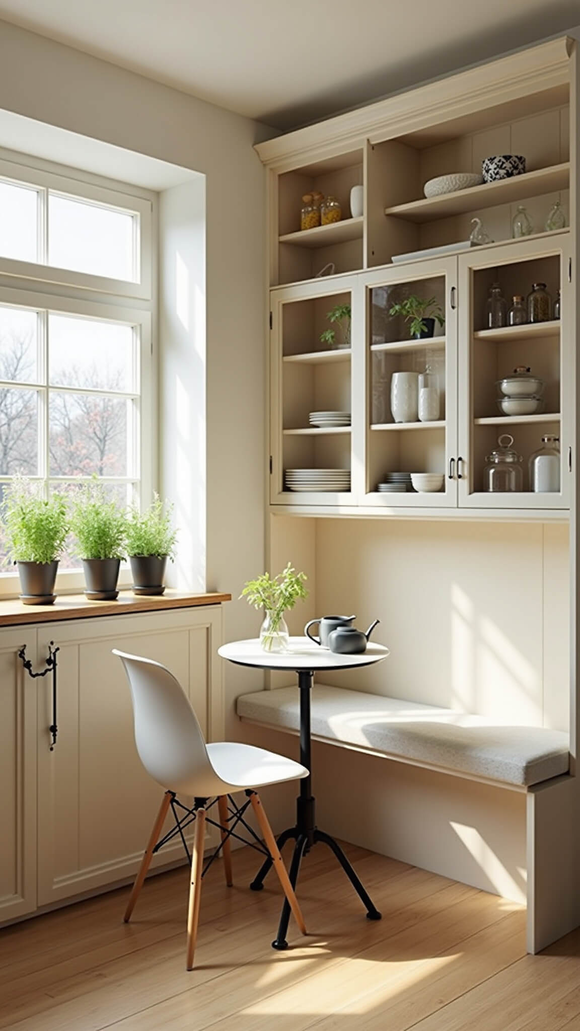 L-shaped Scandinavian kitchen nook with cream and maple cabinets, open shelving, a round table with Eames chairs, pale hardwood floors, potted herbs on the windowsill, and matte black fixtures in warm afternoon light.
