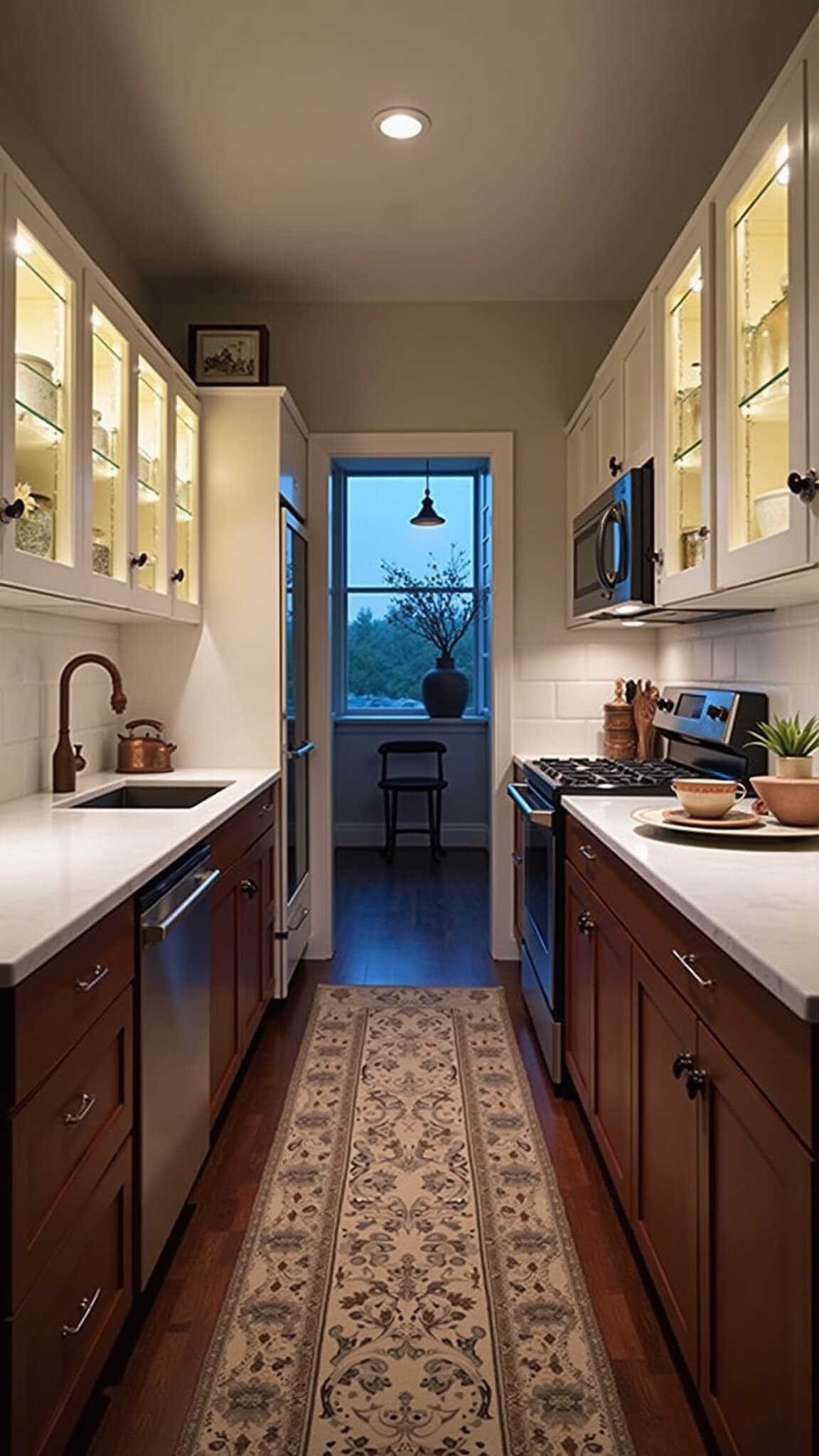 Galley kitchen at dusk with ambient lighting, white upper cabinets with glass inserts, cherry wood lower cabinets, marble countertop coffee station, copper accents, vintage runner, and pendant lights creating a moody, inviting atmosphere.