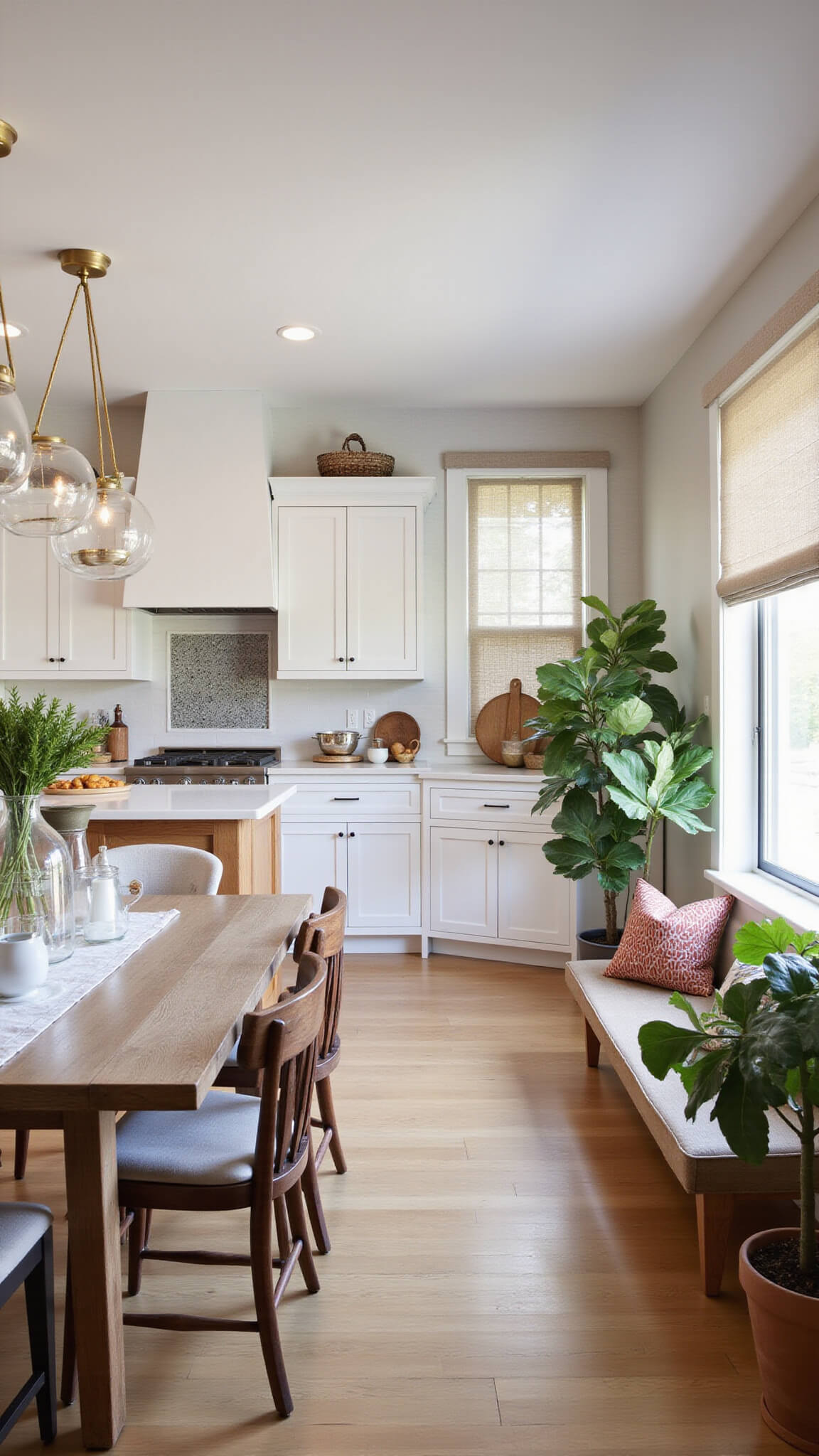 Open-concept 14x16ft kitchen and dining area at twilight with white cabinets, oak island, reclaimed wood table, mixed chairs, fiddle leaf fig tree, and soft lighting.
