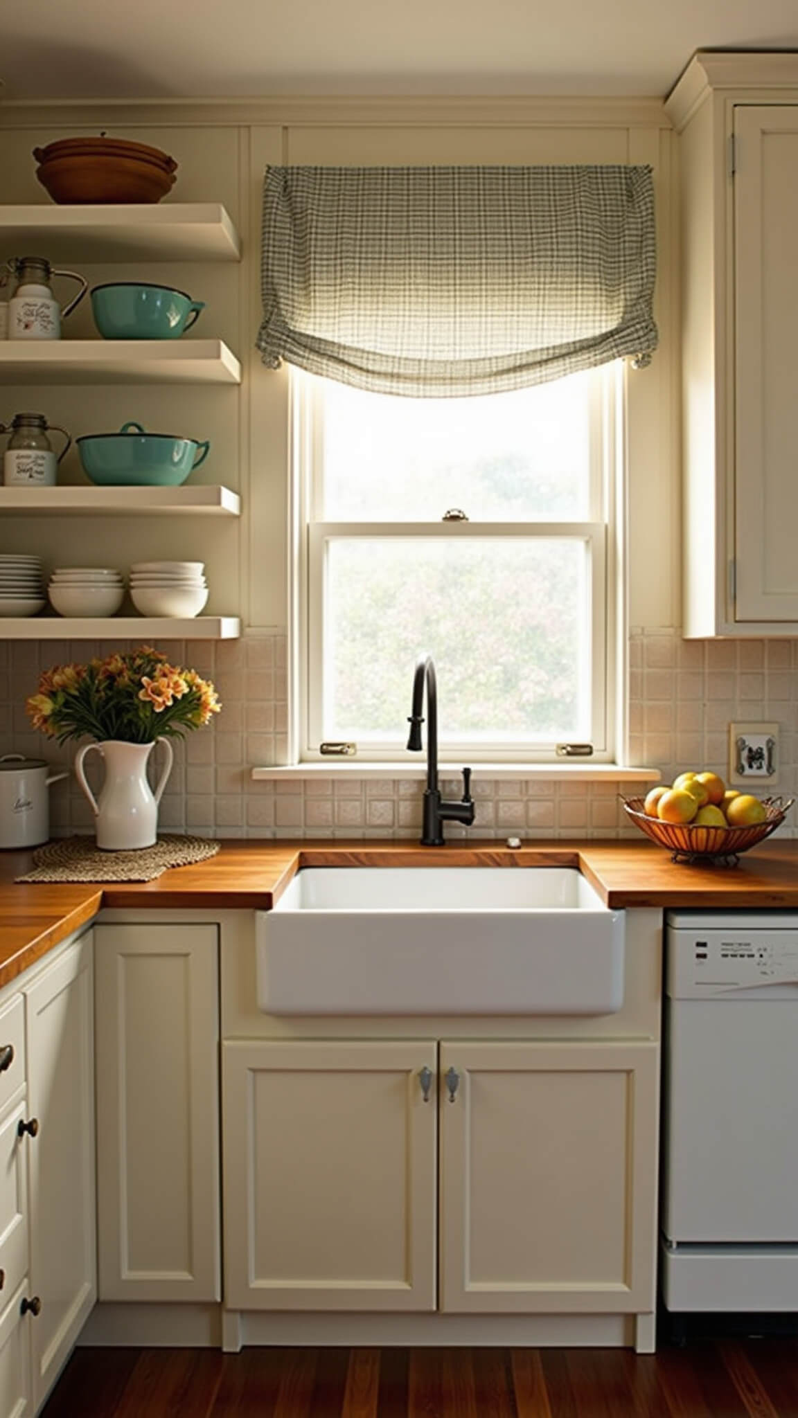 Cozy farmhouse kitchen with white beadboard cabinets, distressed oak lowers, butcher block counters, apron sink under gingham-curtained window, vintage decor, and golden hour lighting.