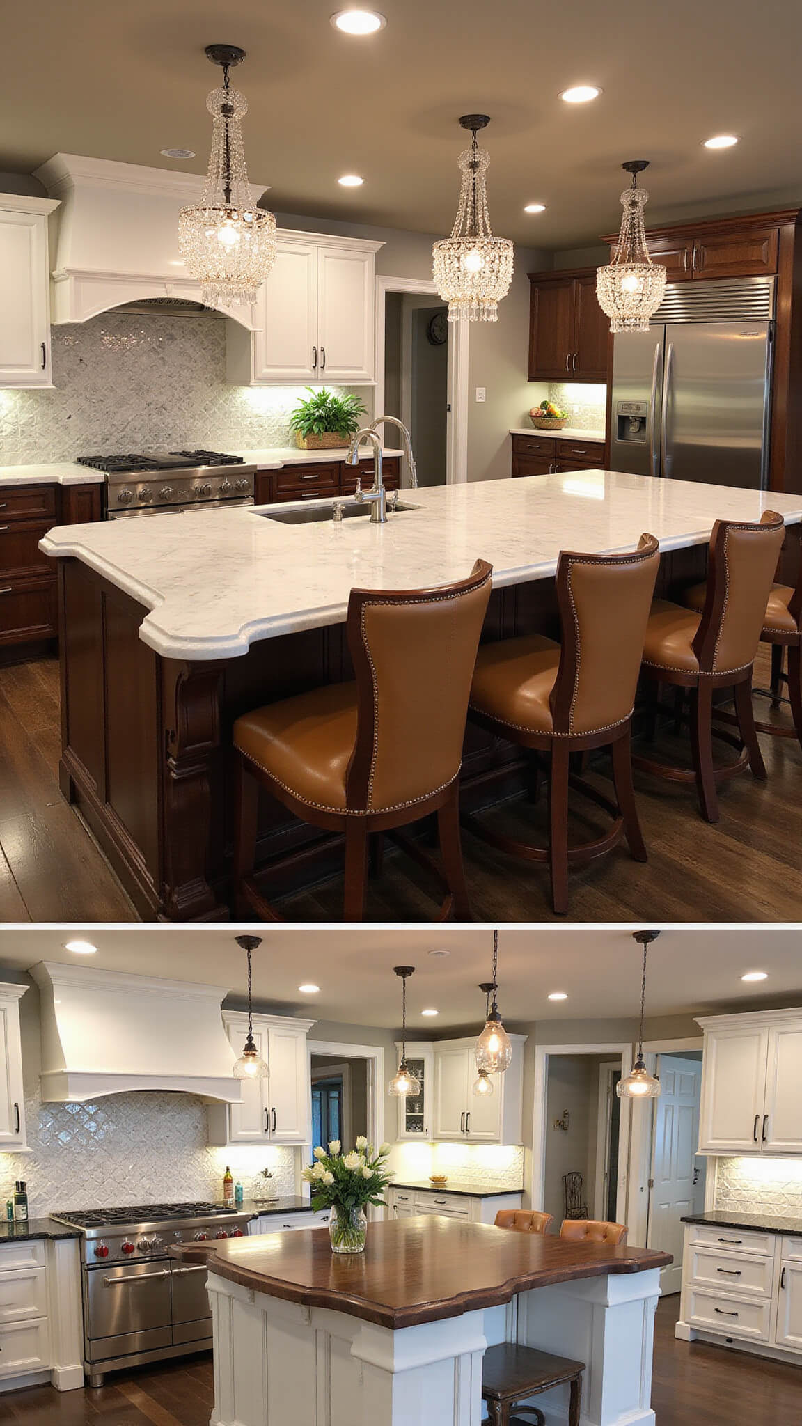Luxurious nighttime kitchen with white and walnut cabinetry, marble waterfall island, crystal chandeliers, mirrored backsplash, and dramatic recessed lighting.