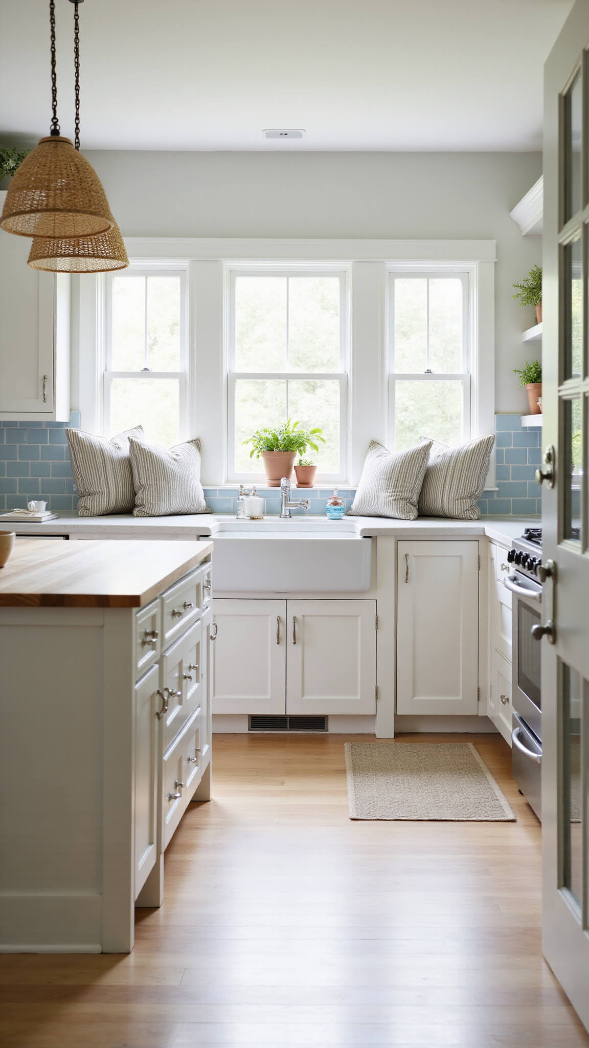 Bright 12x14ft kitchen with white and light maple cabinets, pale blue tile backsplash, central island with farmhouse sink, woven pendant lights, window seat with striped cushions, and potted herbs on the windowsill.