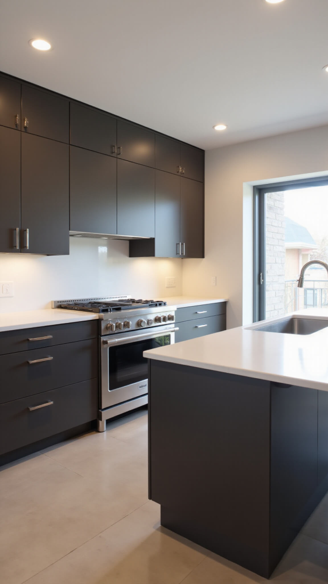 Modern minimalist kitchen with dark taupe cabinets, white quartz countertops, stainless steel appliances, and a large island in warm afternoon light.