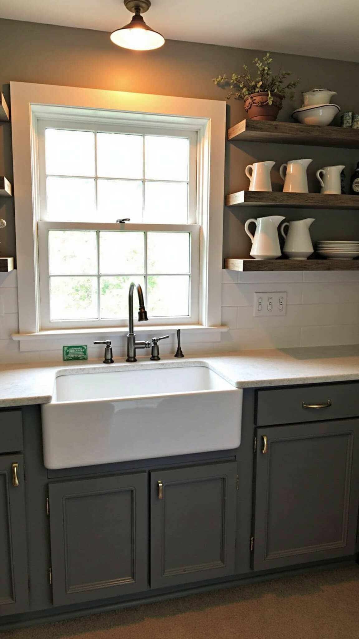 Cozy farmhouse kitchen at dawn with dark taupe cabinets, brass hardware, open shelving, and morning light streaming through a window above the sink.