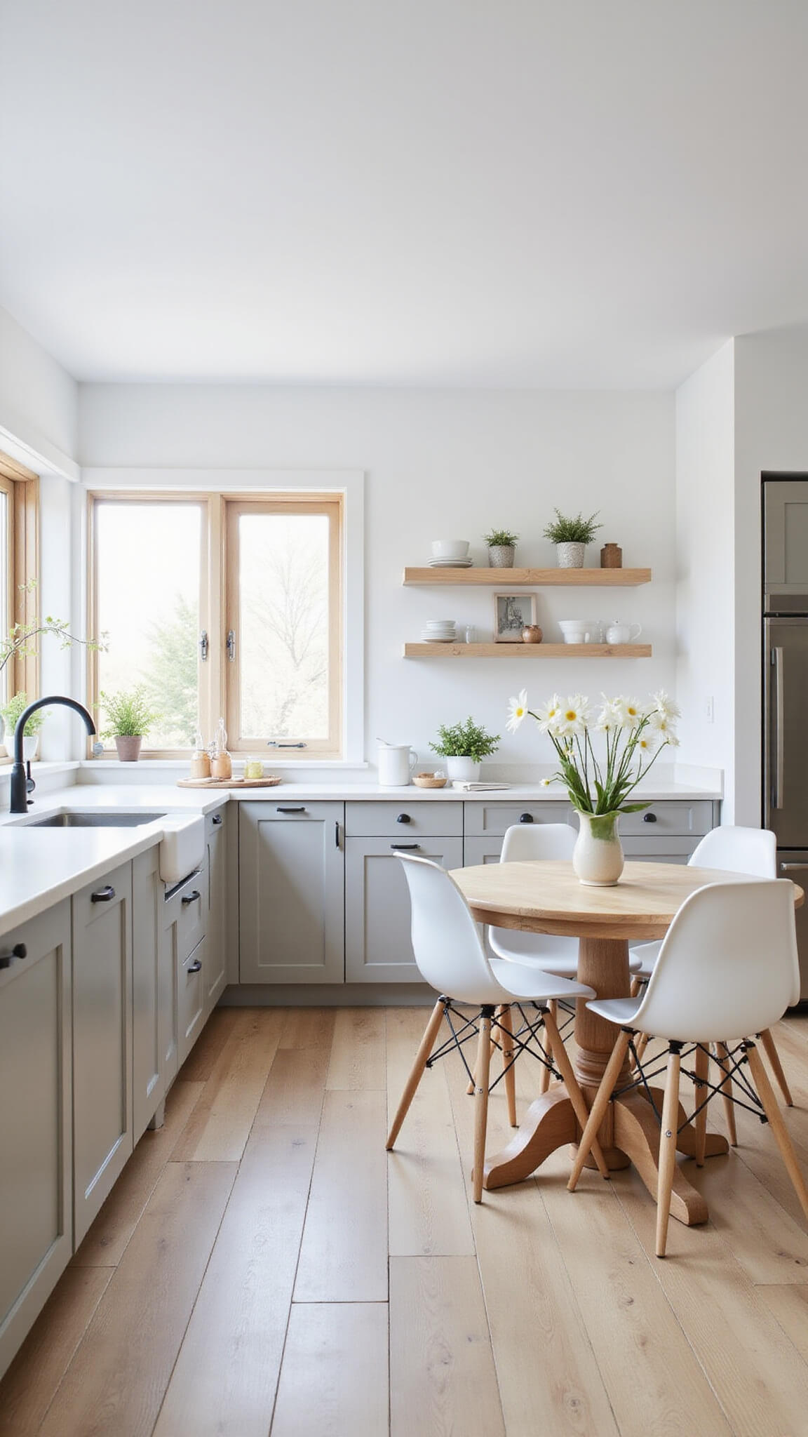 Scandinavian-style kitchen with light taupe cabinets, round wooden table, white chairs, and large windows letting in natural light.