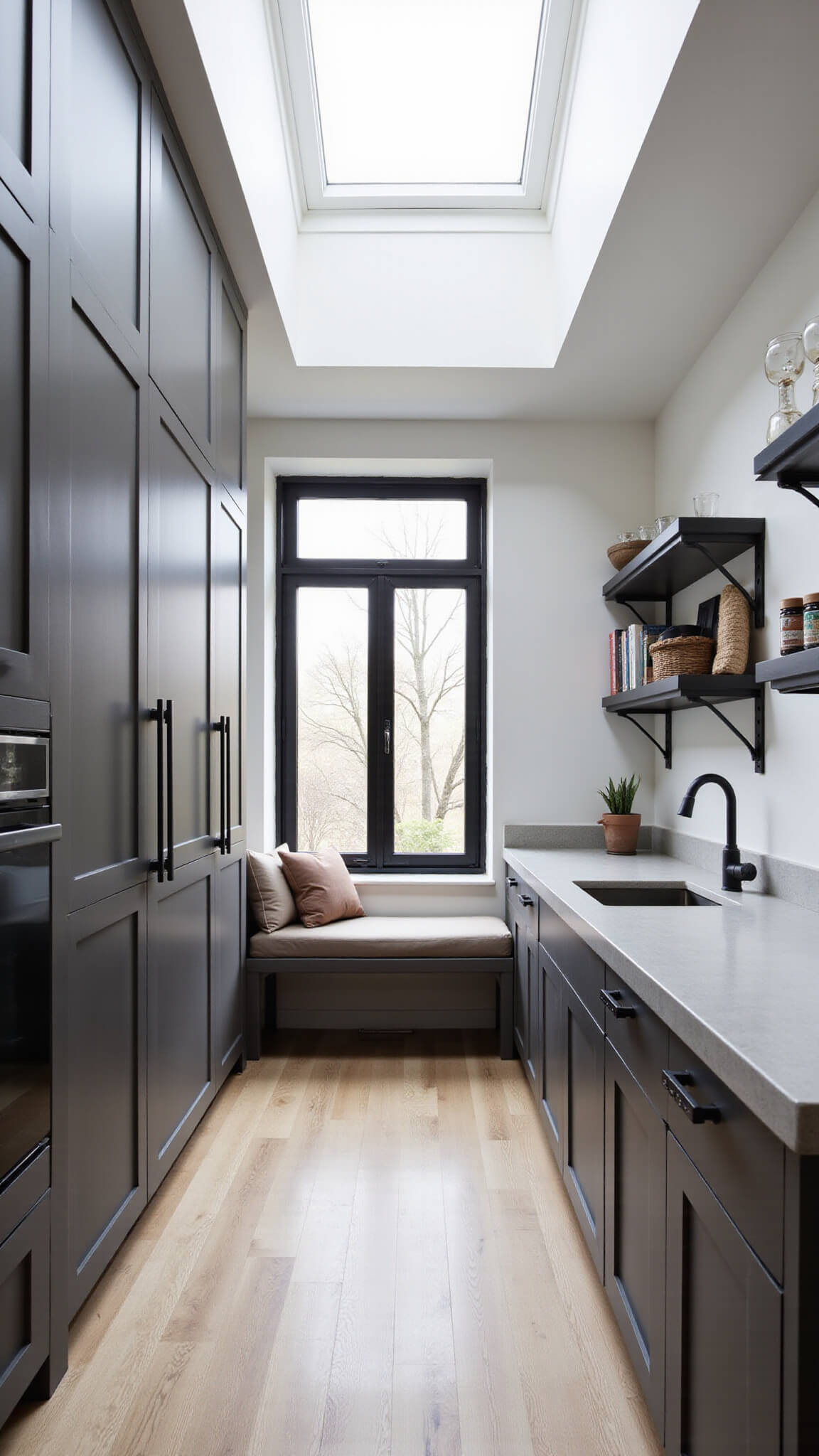 Compact urban kitchen with dark taupe cabinets, concrete countertops, metal shelves, and a skylight illuminating a built-in breakfast nook.