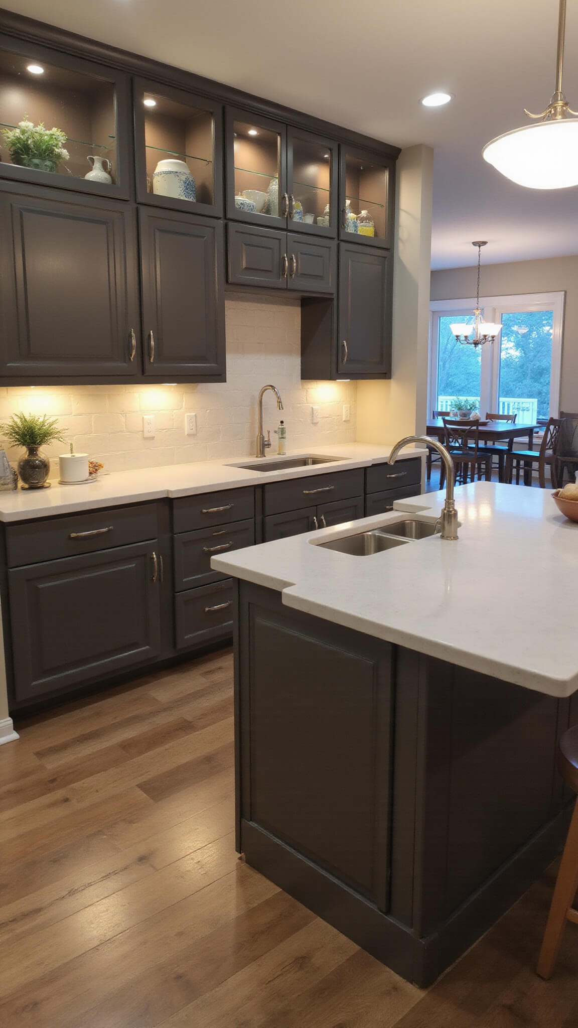 Transitional kitchen at dusk with dark taupe shaker cabinets, white quartz waterfall island, glass-front uppers, and warm lighting flowing into dining area.