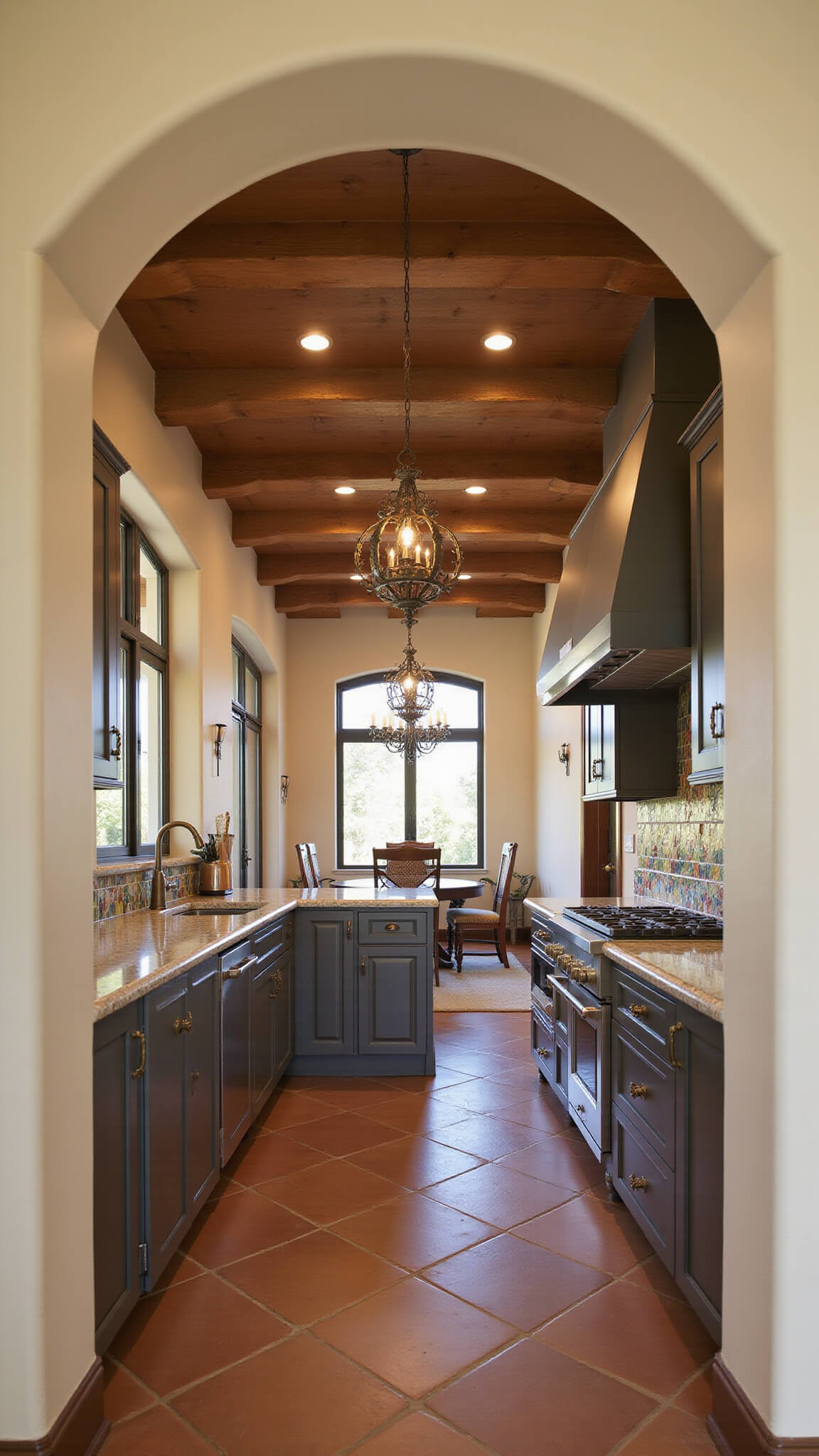 Mediterranean-style kitchen with dark taupe cabinets, terracotta tile floor, mosaic backsplash, and sunlight streaming through arched doorway.