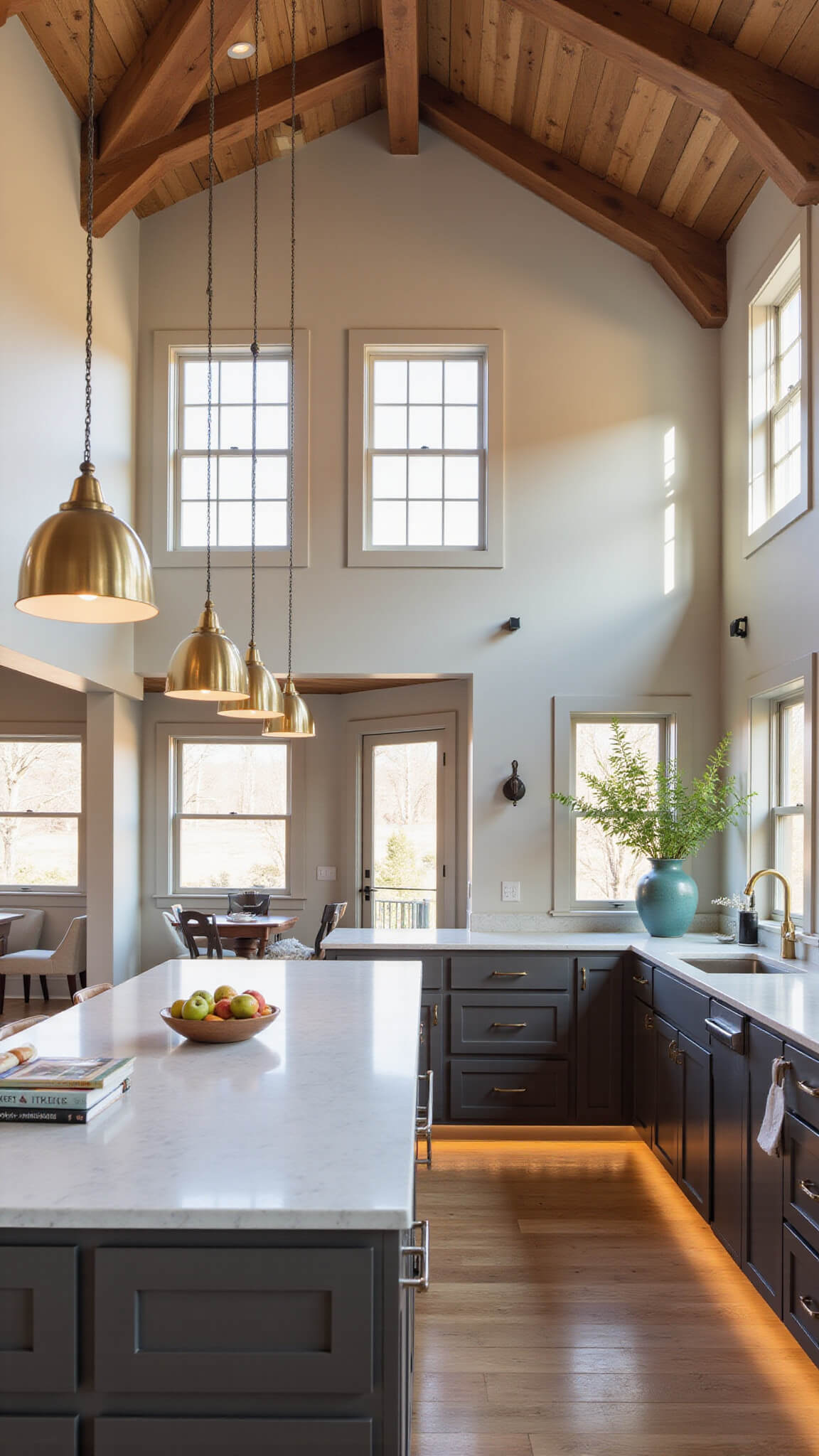 Open-concept kitchen with vaulted ceilings, dark taupe cabinets, white quartz island, brass accents, and morning sunlight streaming through large windows.