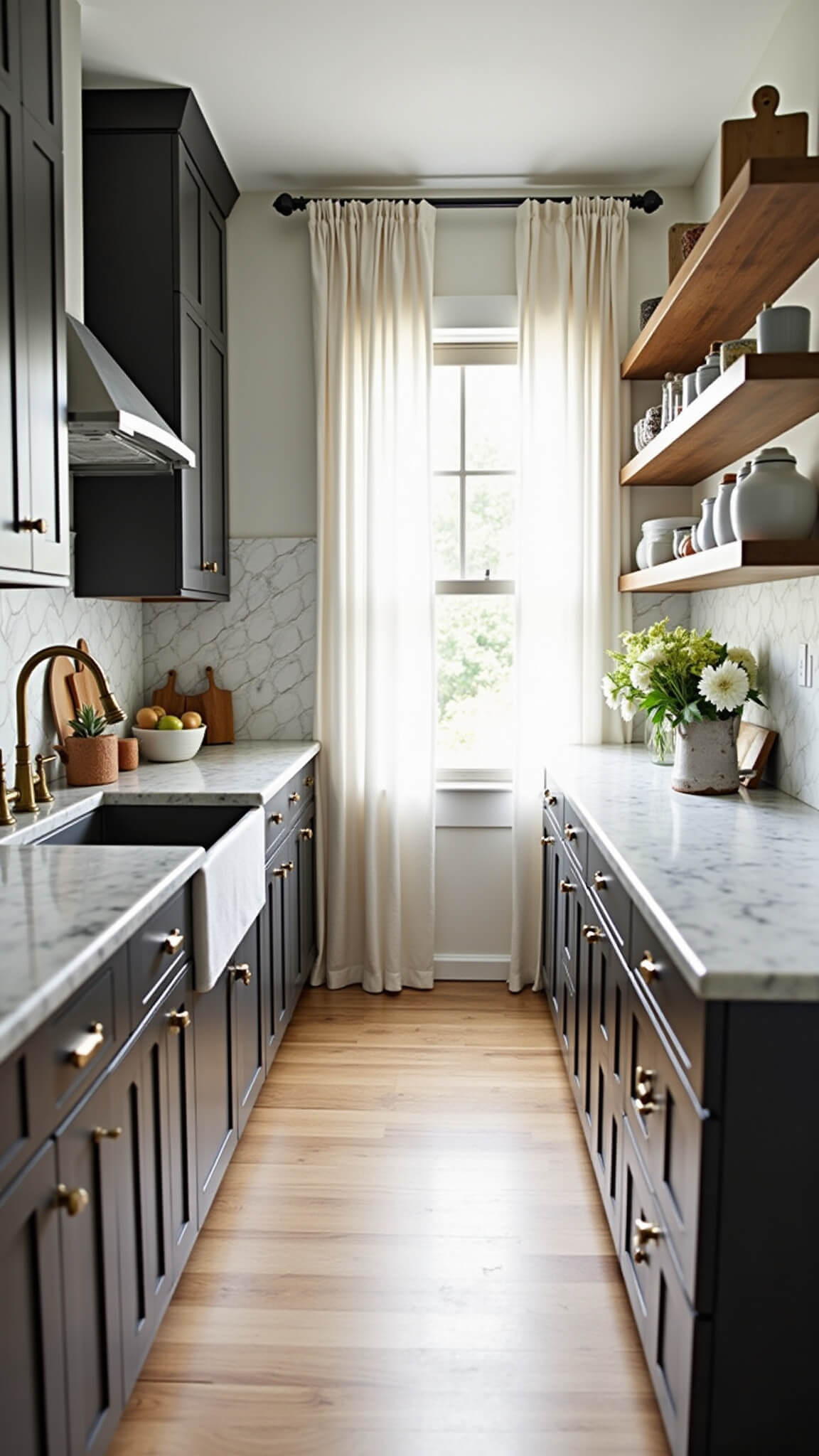 Intimate galley kitchen with dark taupe Shaker cabinets, marble countertops, farmhouse sink with antique brass faucet, and open shelves displaying vintage pottery, softly lit by late afternoon light through sheer curtains.