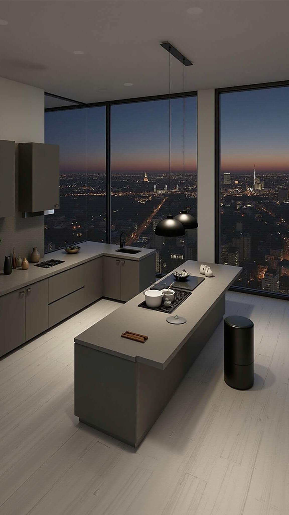 High-angle view of a minimalist taupe kitchen with dark cabinets, a concrete waterfall island, matte black pendant lights, and dramatic cityscape backlighting through floor-to-ceiling windows.