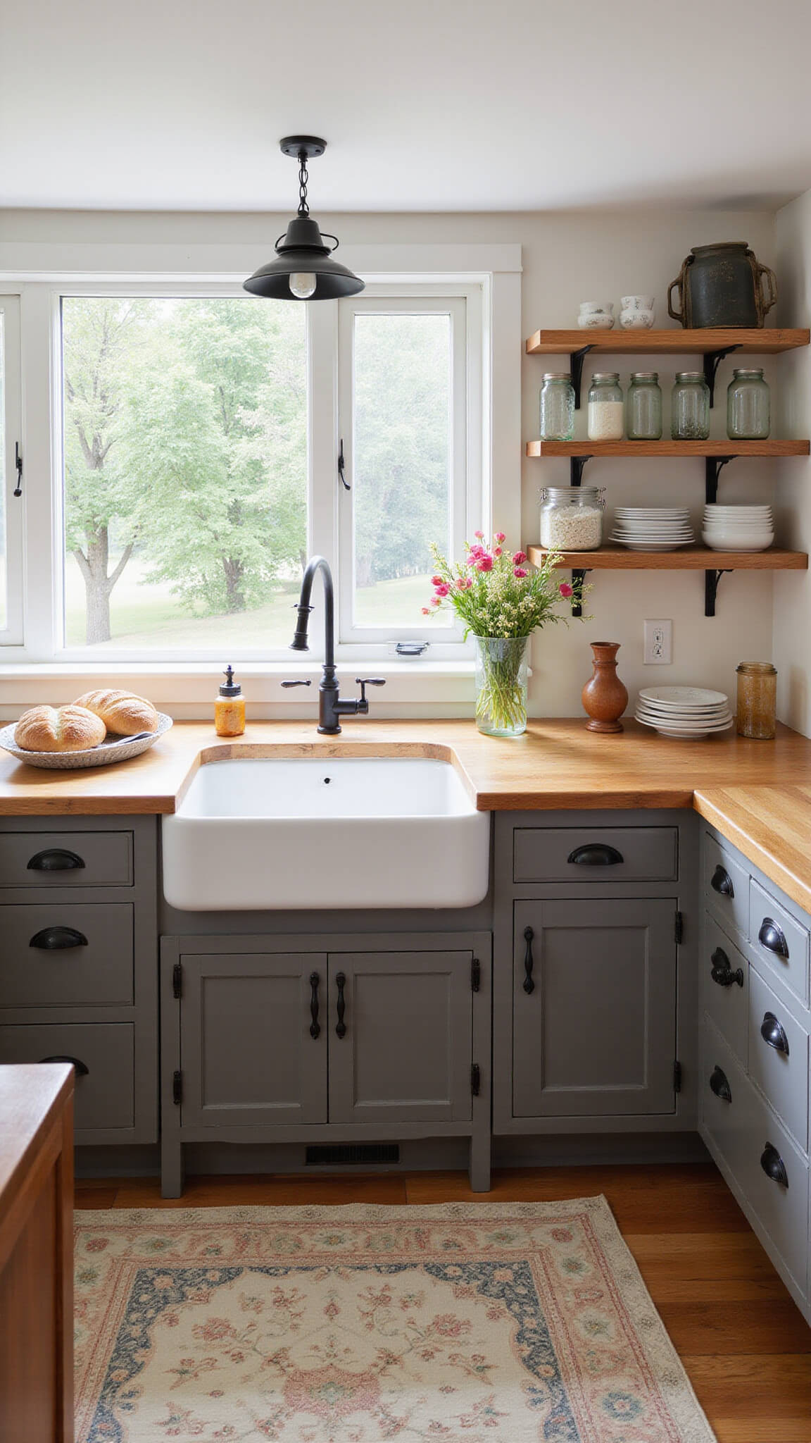 Cozy cottage kitchen with dark taupe cabinets, butcher block countertops, farmhouse sink under a bay window, open shelves with china and mason jars, vintage rug on wooden floors, and soft morning light.