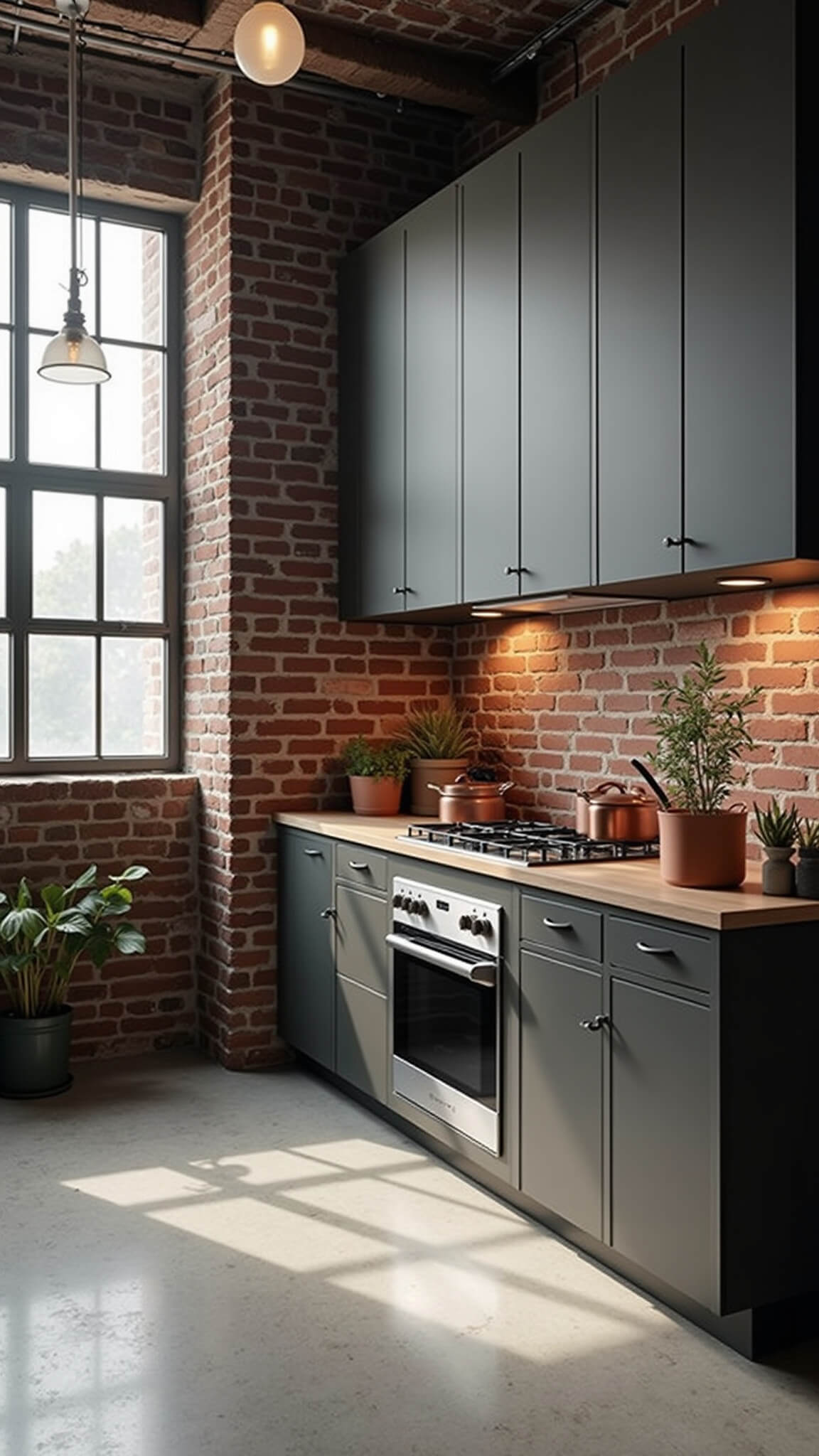 Industrial-style loft kitchen with dark taupe matte cabinets, exposed brick walls, concrete floors, stainless steel appliances, and a rolling ladder, lit by factory windows and frosted glass pendants.
