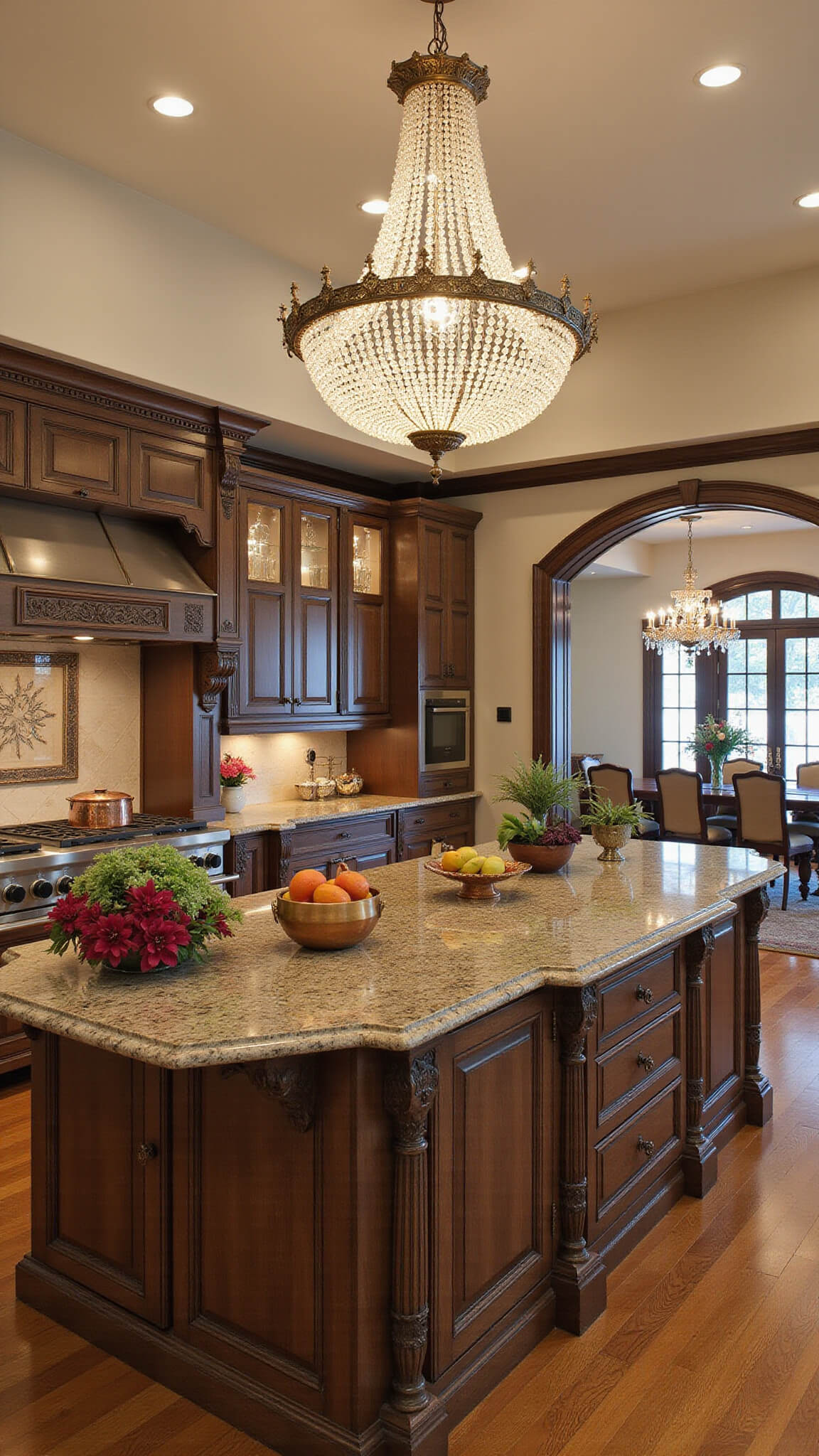 Luxurious traditional kitchen with dark taupe cabinets, granite countertops, crystal chandeliers, ornate island, and decorative accents in rich taupe, deep reds, and golds.