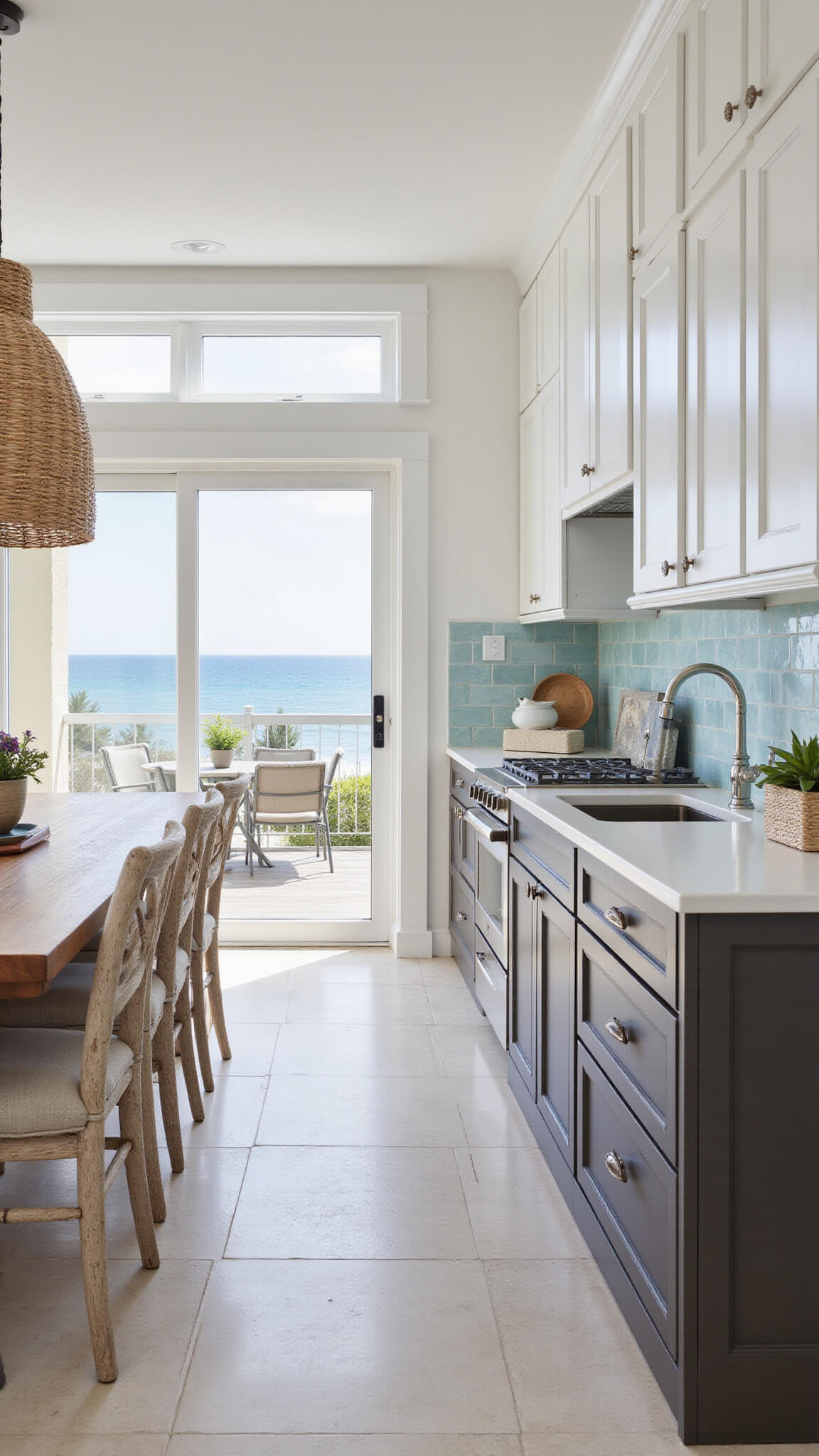 Coastal-inspired kitchen with dark taupe lower cabinets, white uppers, pale blue glass tile backsplash, and ocean view through sliding glass doors.