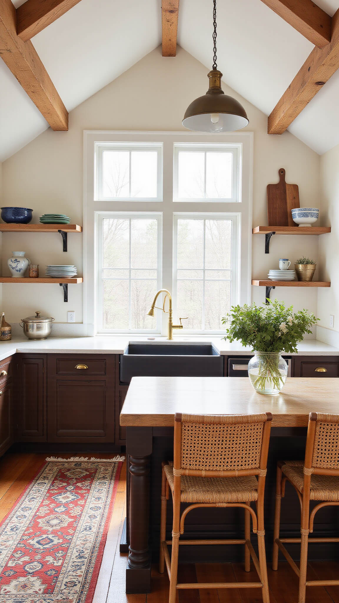 Spacious 12x15 ft kitchen with vaulted ceilings, espresso cabinets, white quartz countertops, farmhouse sink, butcher block island, rattan stools, and a Persian rug on terracotta tiles, lit by morning sunlight through bay windows.