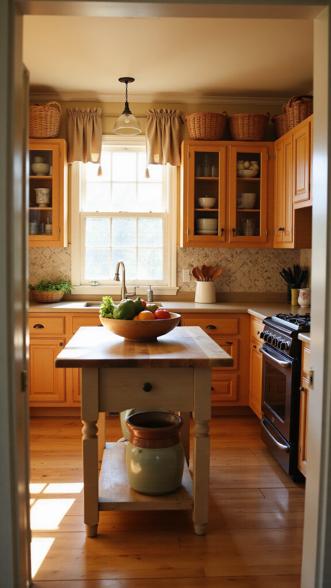 Cozy 10x12 ft cottage kitchen at golden hour with honey-toned cabinets, farmhouse table island, butcher block countertops, and warm natural lighting.