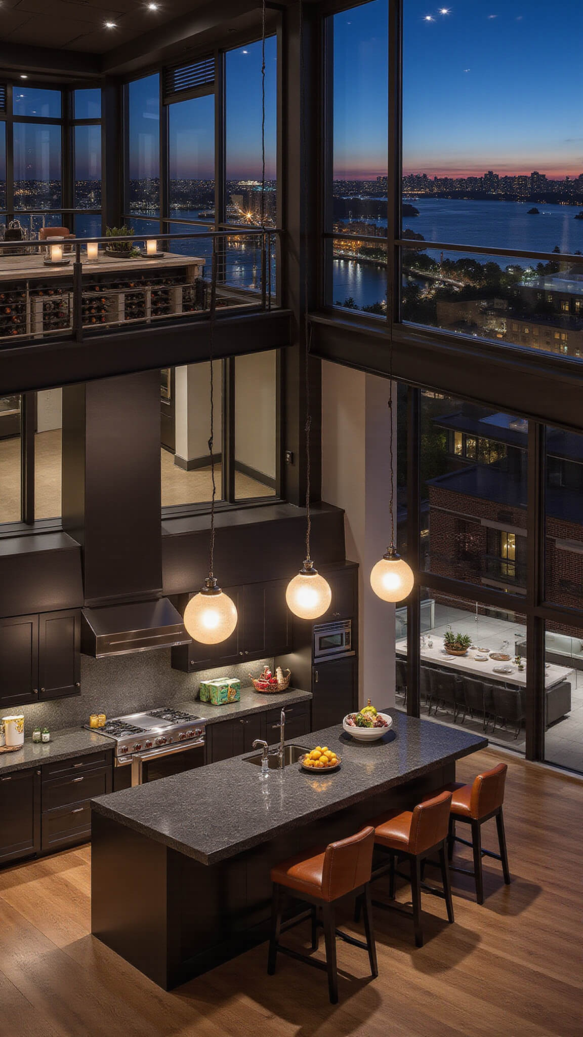 High-angle view of a dramatic open-concept kitchen at twilight with espresso cabinets, a large dark island, globe pendant lights, stainless steel appliances, and city lights visible through floor-to-ceiling windows.