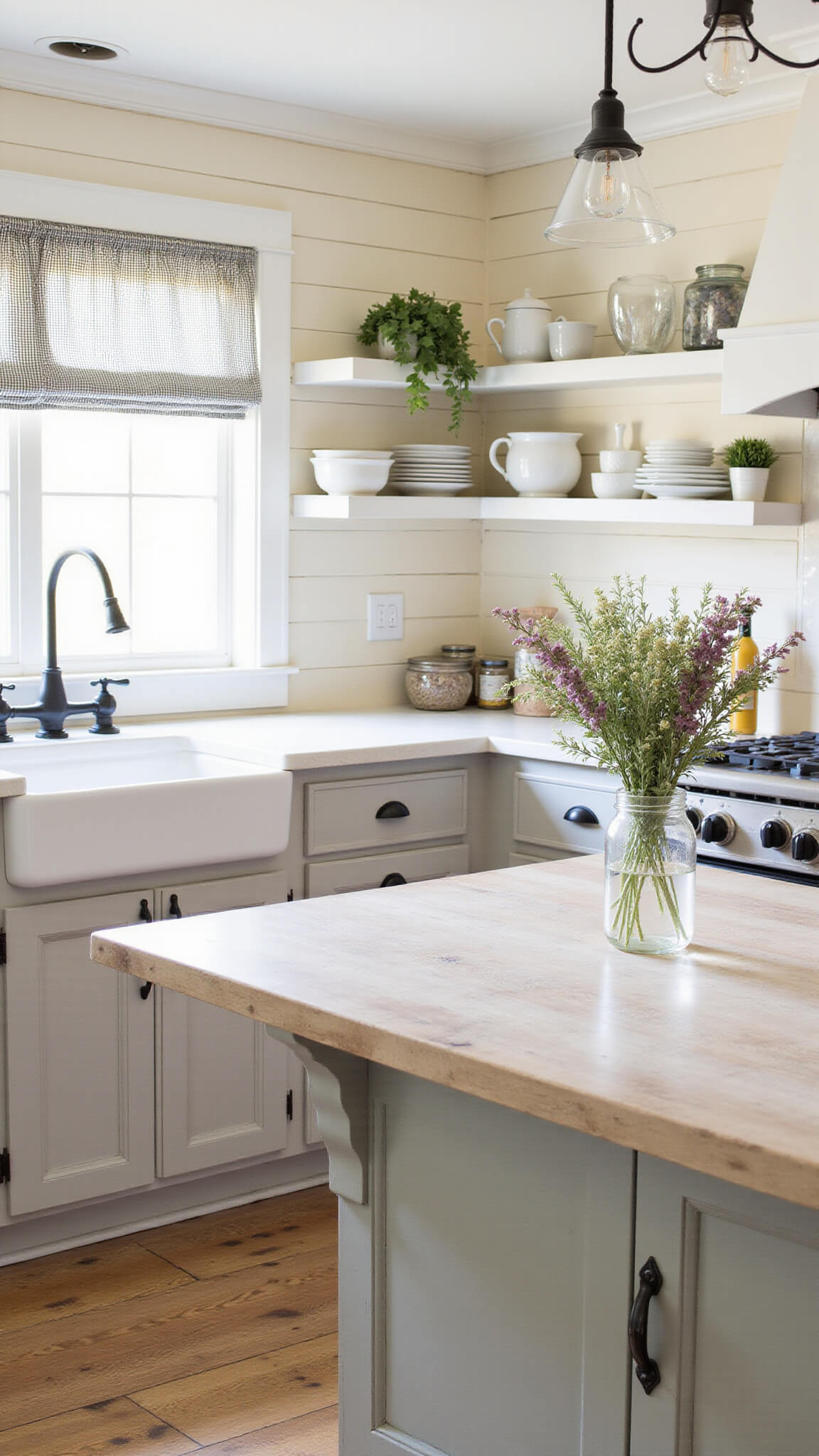 Bright farmhouse kitchen with taupe cabinets, apron-front sink under gingham-curtained windows, vintage stove, open shelves, and wildflowers on a reclaimed wood island.