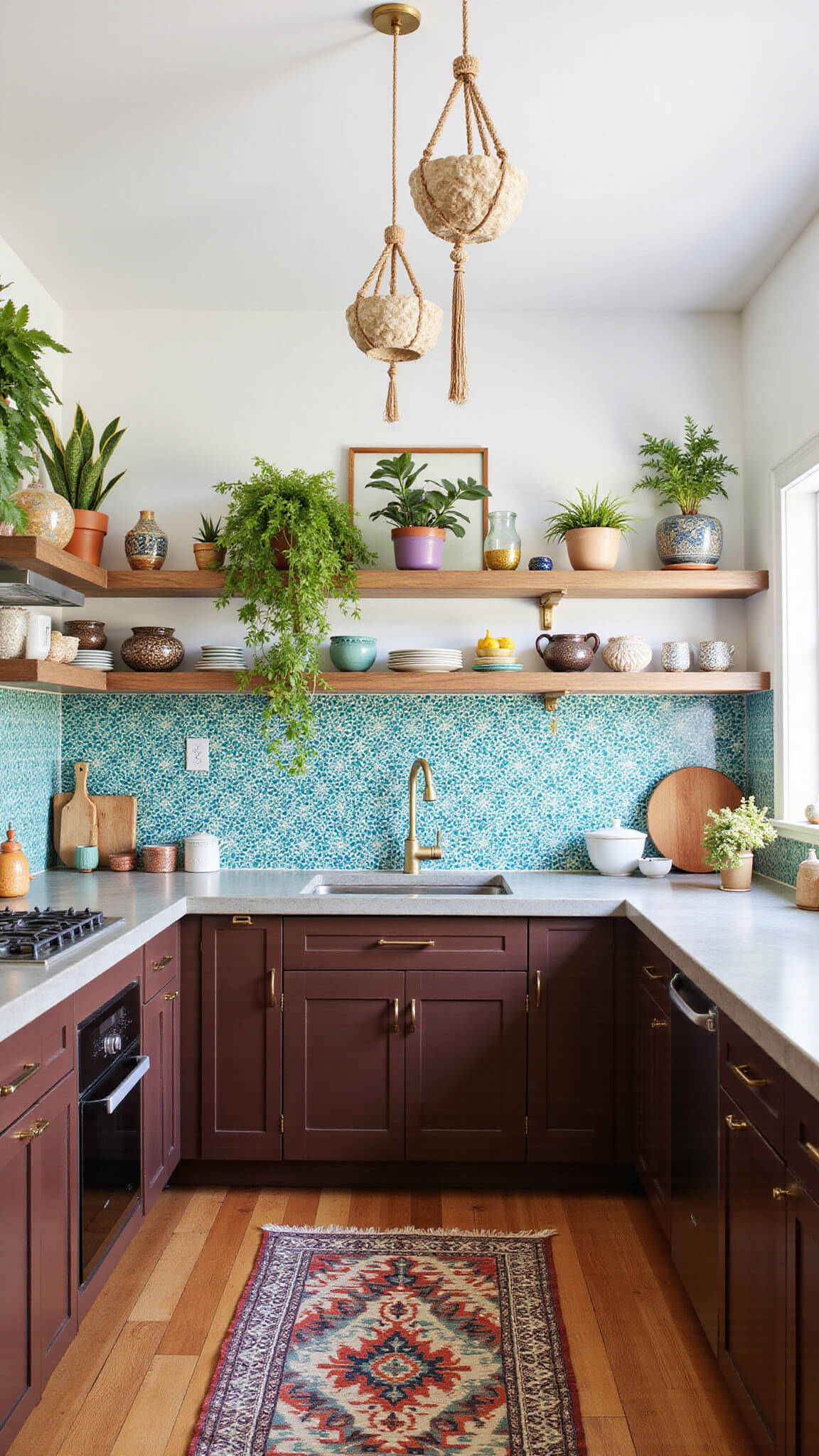 Low-angle view of an eclectic bohemian kitchen with chocolate brown cabinets, colorful ceramics, Moroccan tile backsplash, concrete countertops with embedded seashells and glass, macramé plant hangers, capiz shell chandelier, and a vintage kilim rug.