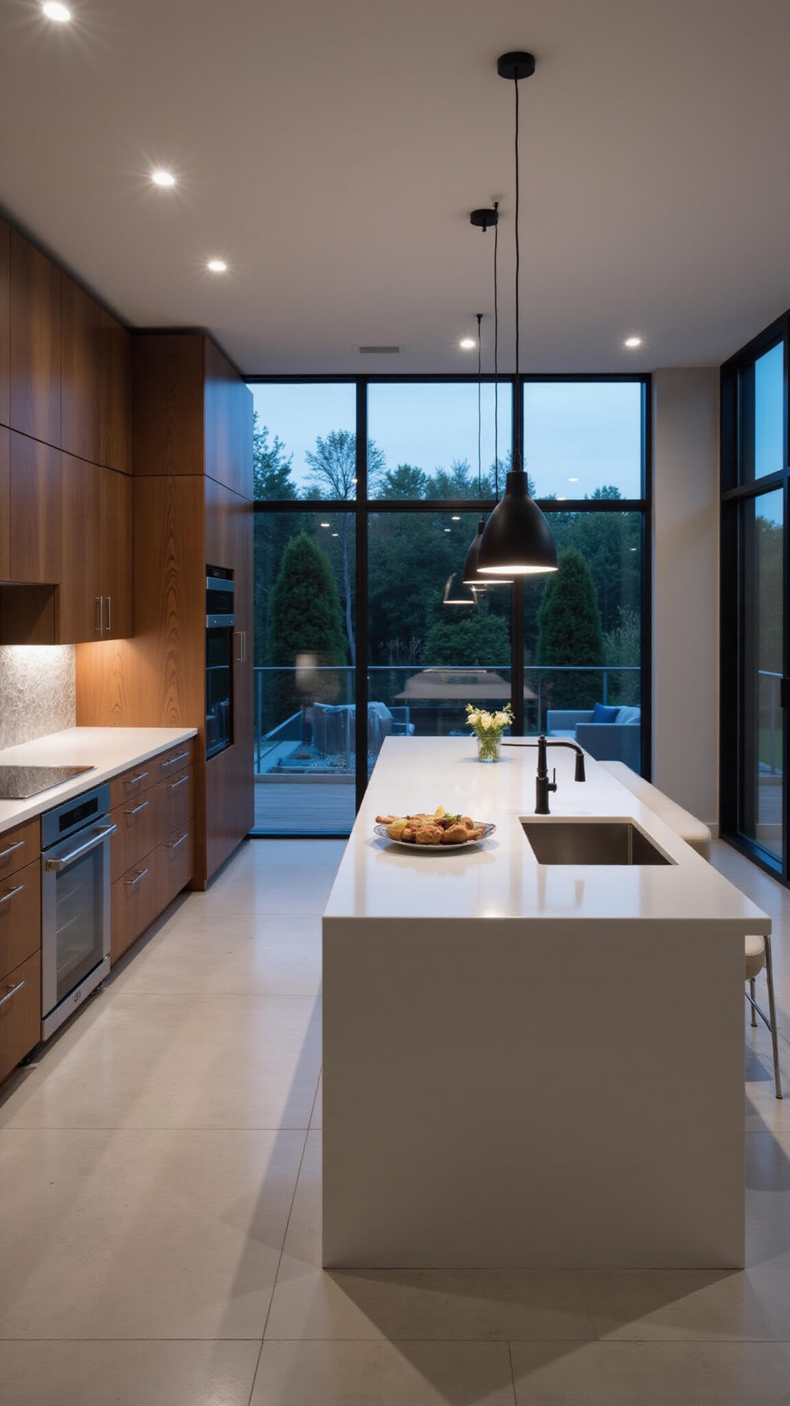 Modern kitchen at dusk with walnut cabinets, white Corian waterfall island, black pendant lights, geometric tile backsplash, built-in espresso station, wine fridge, and large black-framed windows overlooking a garden.