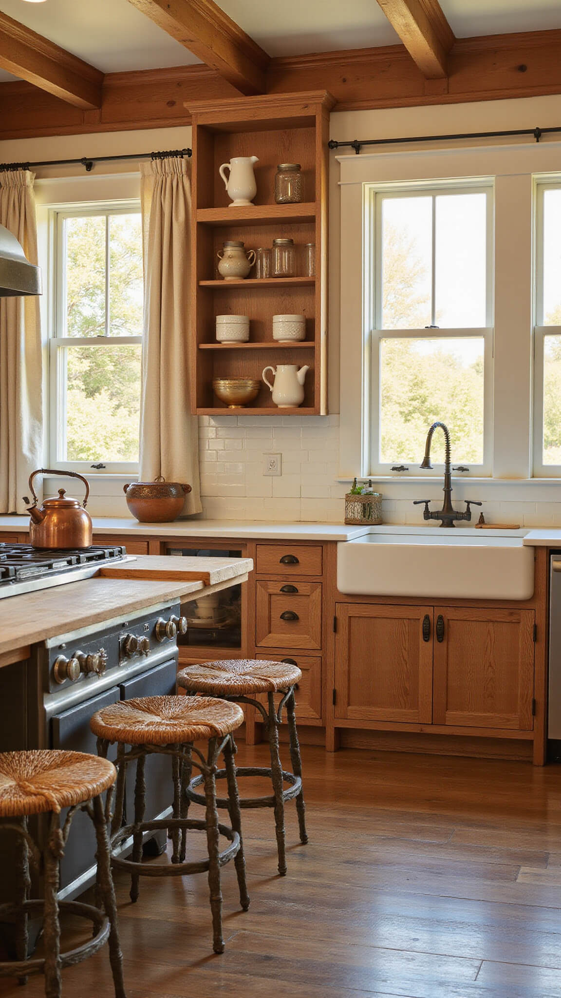 Rustic 12x15ft kitchen with oak cabinets, farmhouse sink, butcher block island, vintage decor, and golden hour light through large windows.