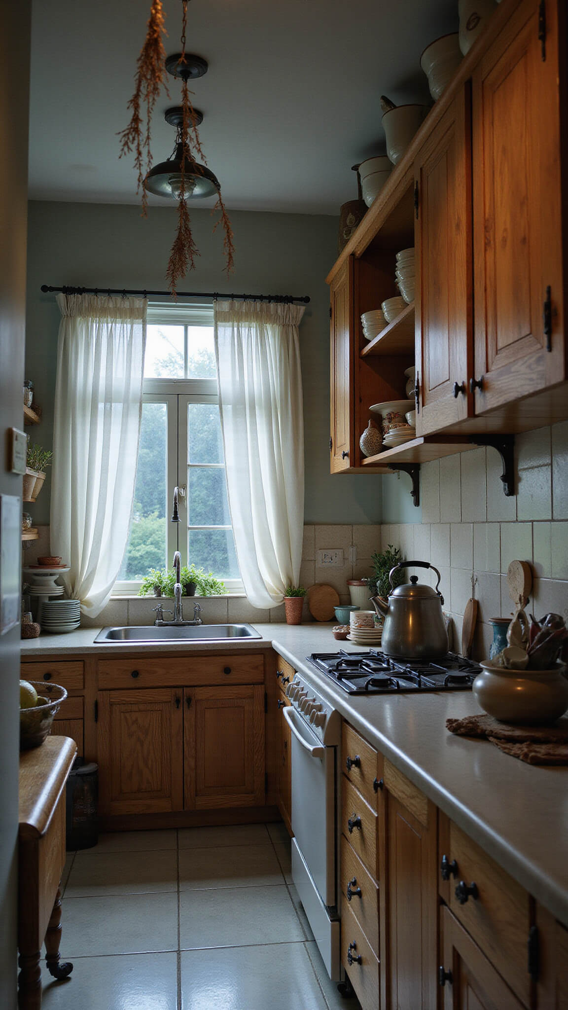 Cozy galley kitchen at dawn with rustic pine cabinets, farmhouse sink, vintage stove, and soft blue light filtering through sheer curtains.