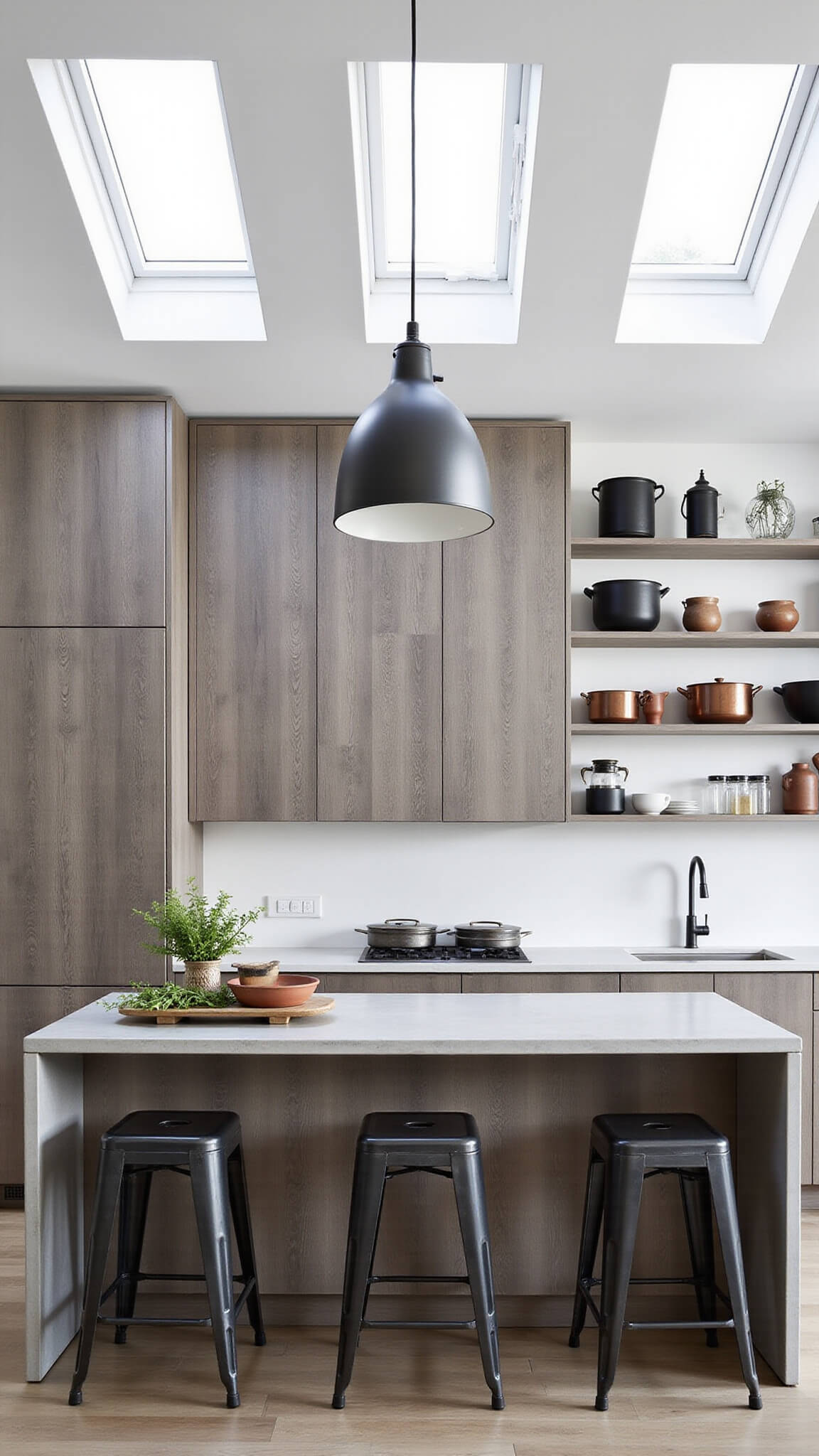 Bright, sunlit 10x12ft kitchen with gray weathered barn wood cabinets, white walls, concrete island, industrial metal stools, open shelving with copper and black kitchenware, pendant light, and herbs on windowsill.