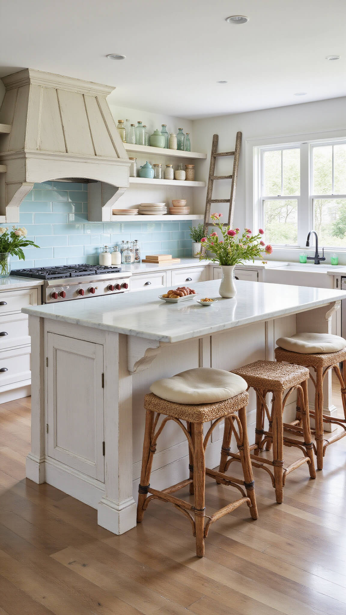 Open-concept kitchen with whitewashed wood cabinets, marble island, rattan stools, and sunlit spring decor.