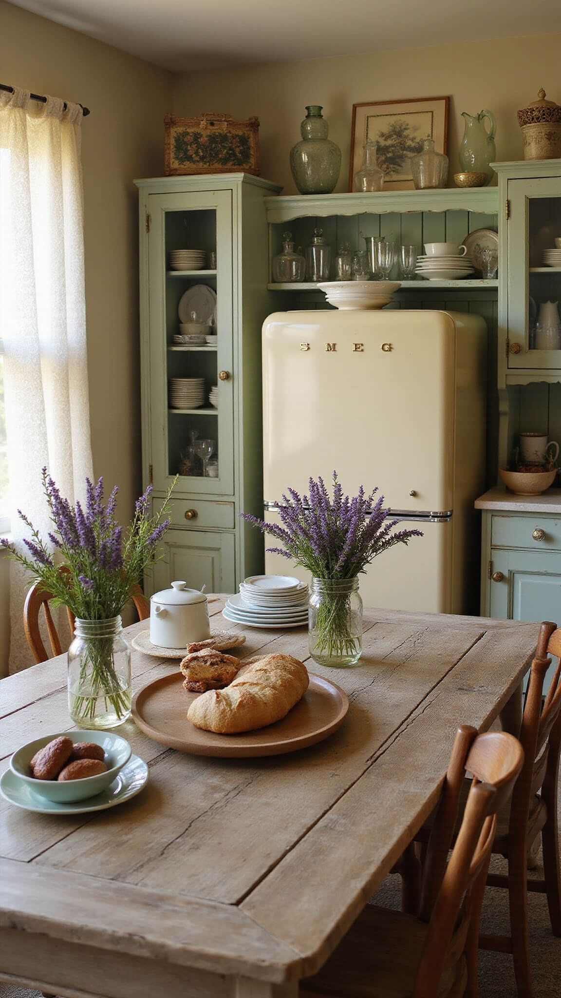 Country kitchen bathed in golden summer light, with sage green cabinets, vintage decor, a farmhouse table, and wildflowers in mason jars.