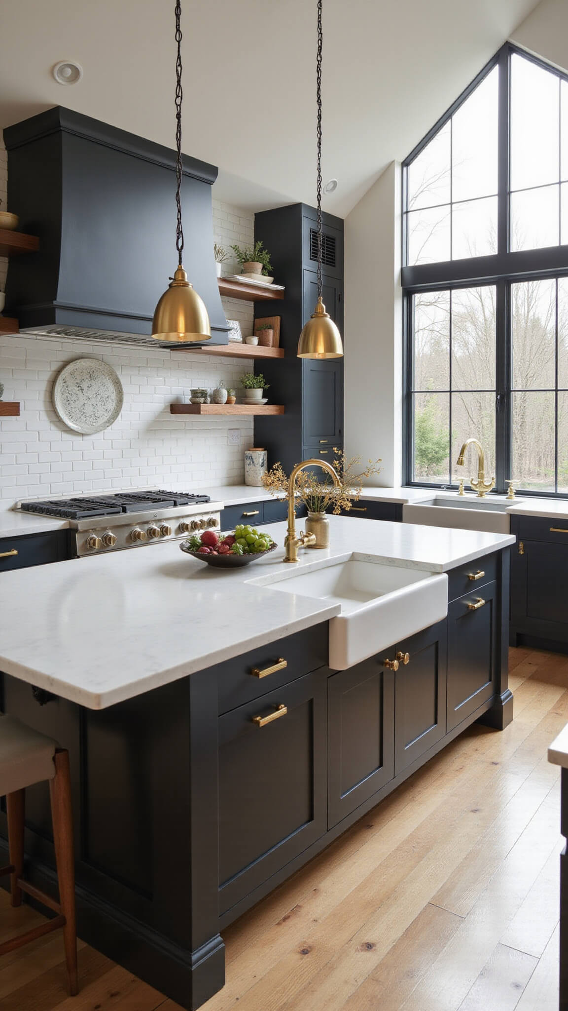 Modern kitchen with white quartz island, espresso cabinets, oak flooring, and morning sunlight through large windows.