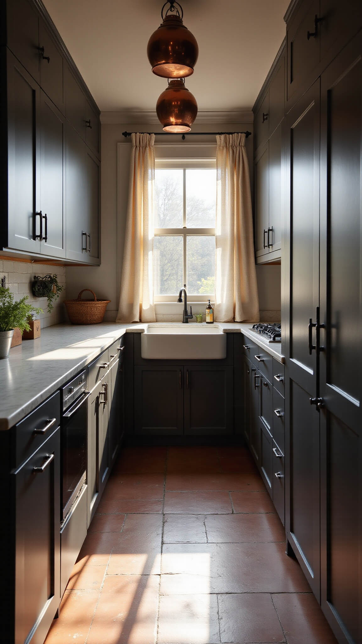 Cozy galley kitchen with charcoal gray cabinets, white marble countertops, and warm golden hour light highlighting copper pots and terracotta tile floor.