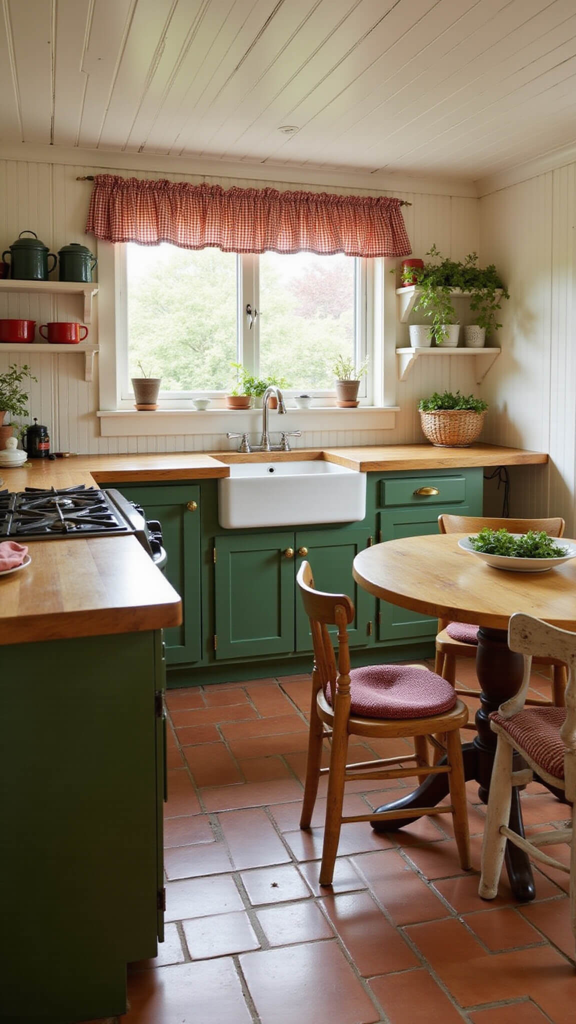 Close-up of a rustic cottage kitchen sink with forest green cabinets, butcher block countertops, vintage enamelware on open shelves, and gingham curtains lit by warm afternoon light.