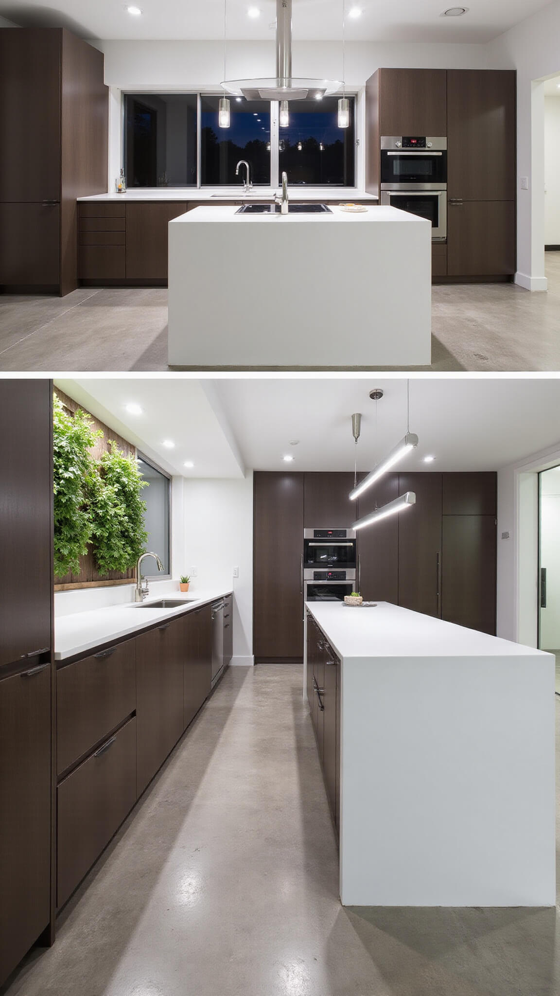 Minimalist kitchen with chocolate brown floor-to-ceiling cabinets, white Corian waterfall island, concrete floors, glass wall with vertical herb garden, and stainless steel appliances.