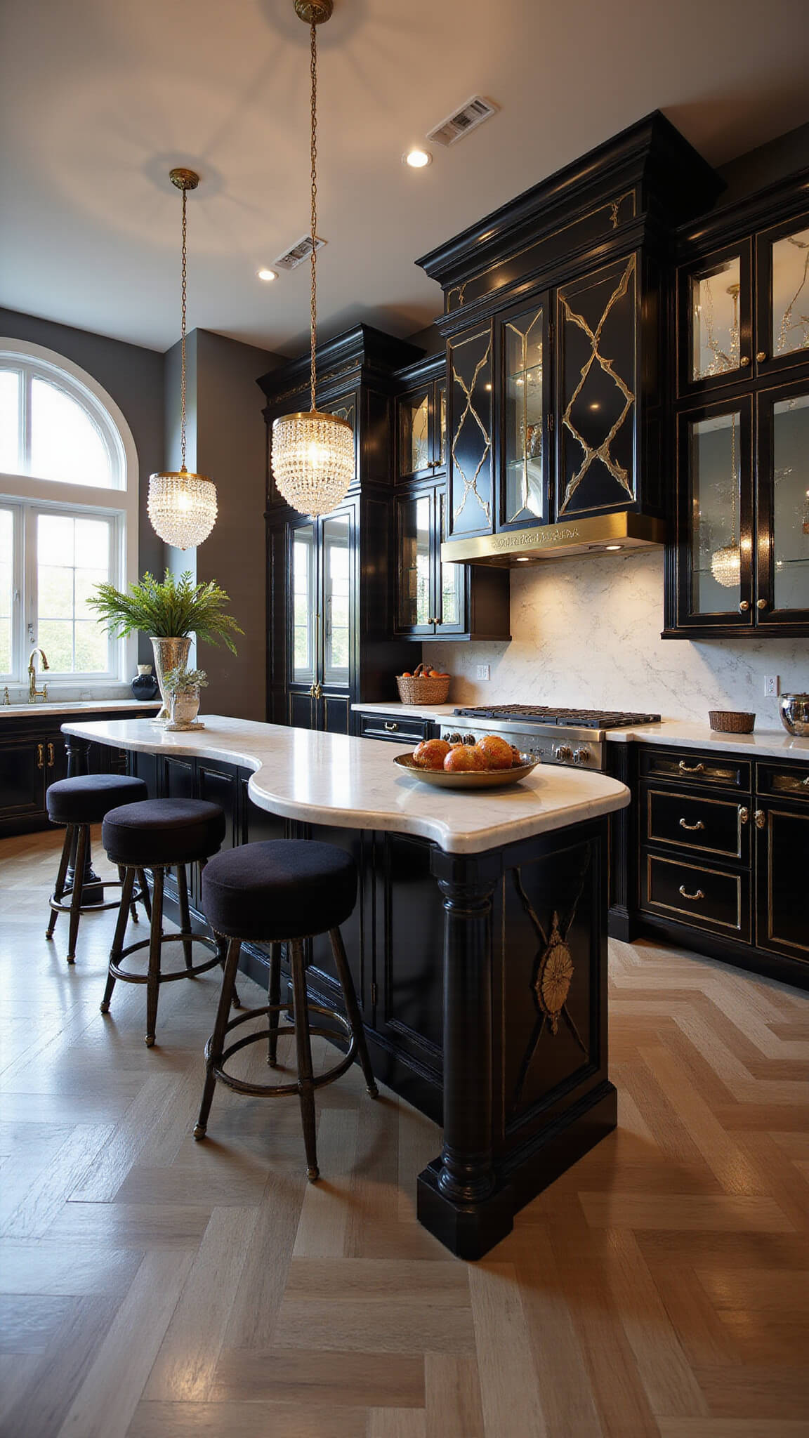Luxurious art deco kitchen with black and gold cabinets, Carrara marble surfaces, curved island with brass edge, velvet barstools, crystal chandeliers, herringbone floors, and arched windows.