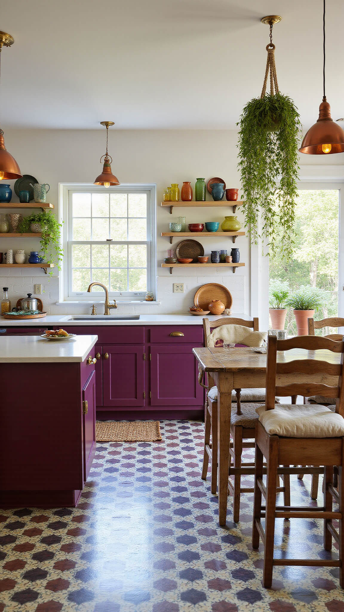 Eclectic bohemian kitchen with deep plum cabinets, open shelves of colorful glassware, patterned tile floor, reclaimed wood island, vintage chairs, copper pendant lights, and trailing plants in natural mid-morning light.