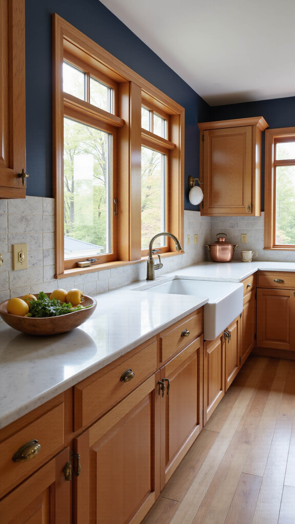 Wide-angle view of a sunlit 12x15ft kitchen with honey oak Shaker cabinets, navy blue walls, a central island with brass hardware, quartz countertops, subway tile backsplash, and copper cookware, styled with lemons and fresh herbs.