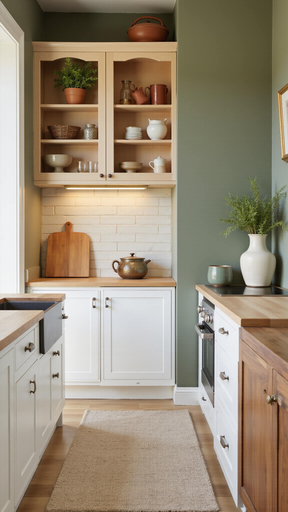 Warm golden hour light fills a cozy 10x12ft galley kitchen with white oak cabinets, sage green walls, artisanal open shelving, vintage runner, and layered natural textures.