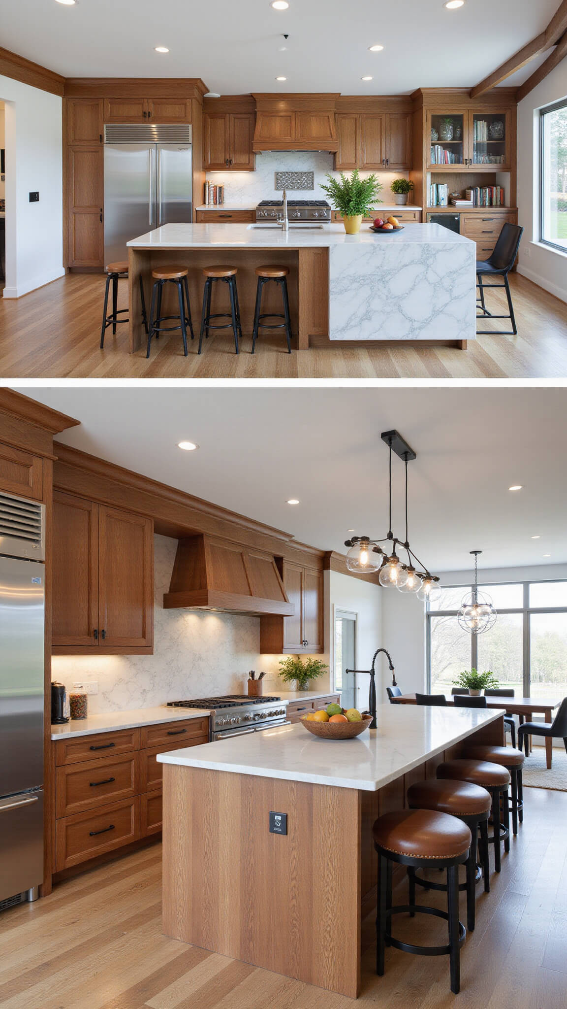 Wide-angle view of a spacious 20x18ft open-concept kitchen and dining area with red oak cabinets, white walls, black accents, a large kitchen island with leather stools, stainless steel appliances, marble backsplash, wooden beams, potted plants, and decorative touches.