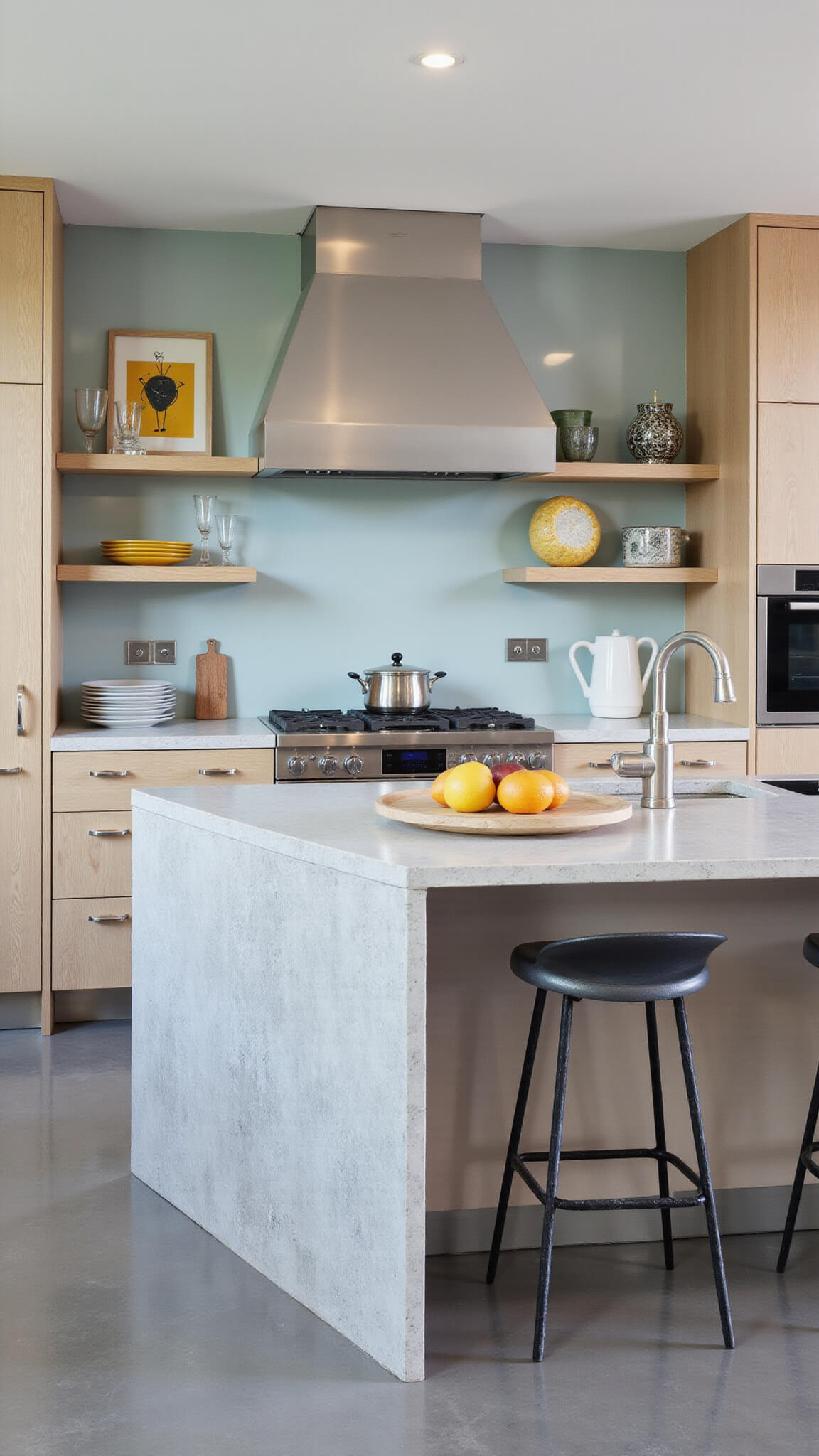 Modern 15x20ft kitchen with rift-sawn gray-washed oak cabinets, polished concrete floors, stainless steel accents, a waterfall-edge island with smart appliances, glass tile backsplash, floating metal shelves, and vibrant yellow art.