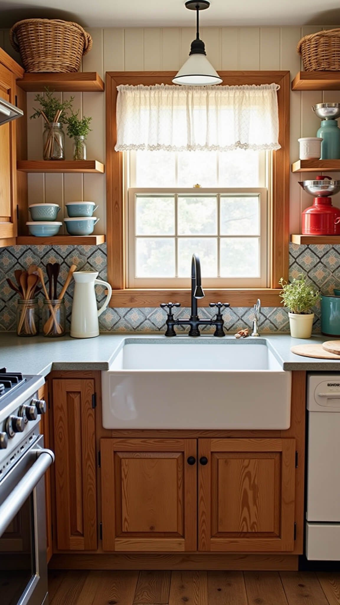Rustic farmhouse kitchen at sunrise with red oak cabinets, creamy beadboard walls, vintage-style sink and range, open shelving, and warm natural textures.