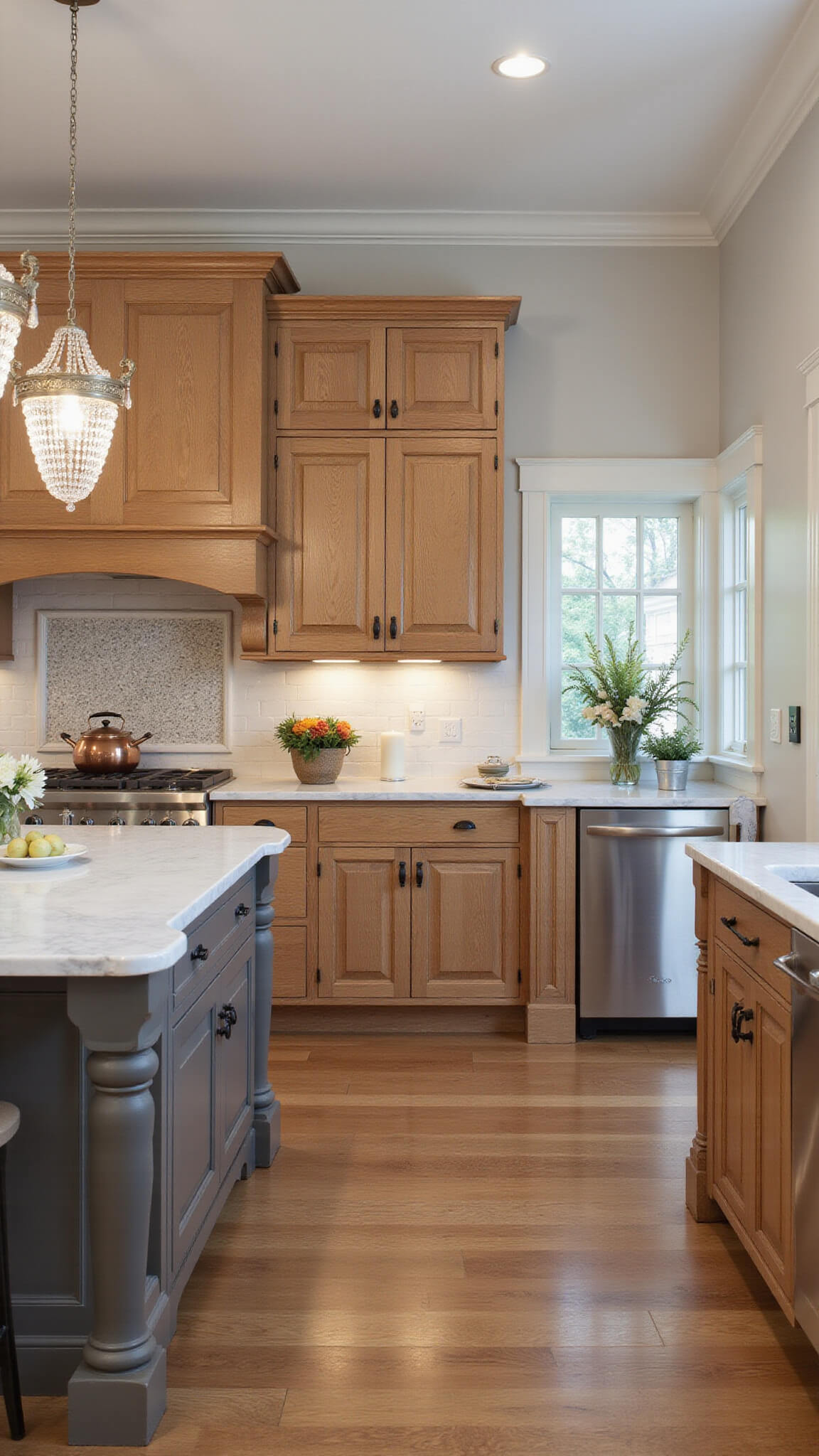 Transitional 16x18ft kitchen with quarter-sawn oak cabinets, central island with corbels, marble countertops, herringbone wood floors, mosaic backsplash, and crystal chandeliers in warm afternoon light.