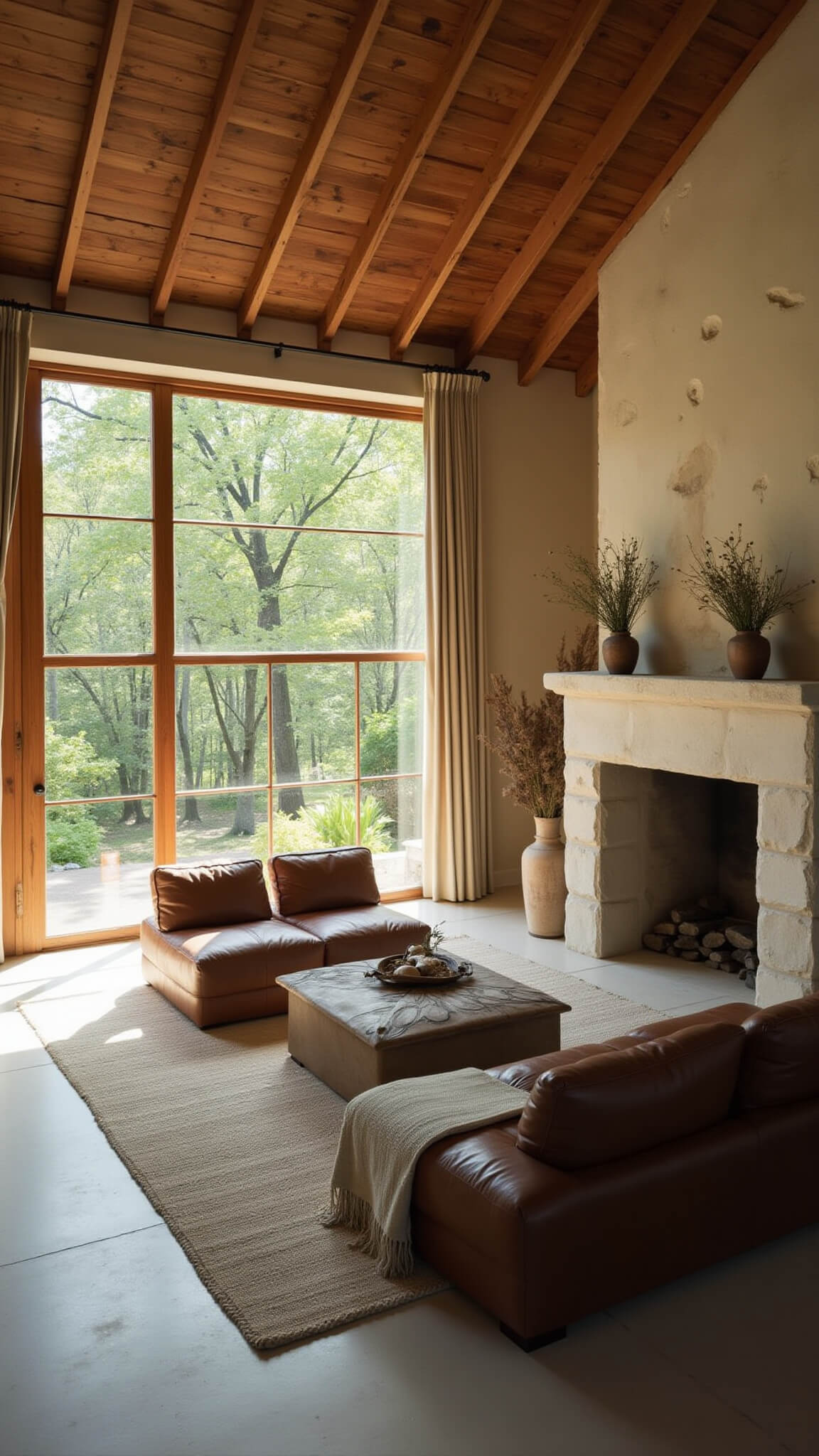 Sunlit rustic living room with exposed wooden beams, plaster walls, leather sofa, stone fireplace, handwoven textiles, and garden-view windows.