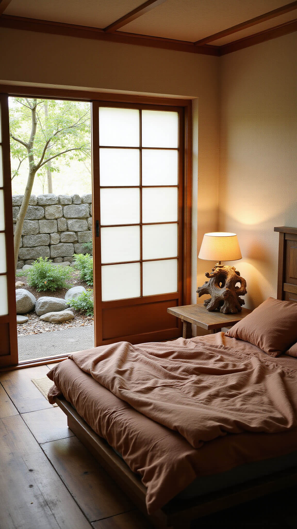 Minimalist Japanese bedroom with morning light, featuring a low bed on wooden floors, shoji screens, driftwood table, ceramic lamp, and textured washi paper walls.